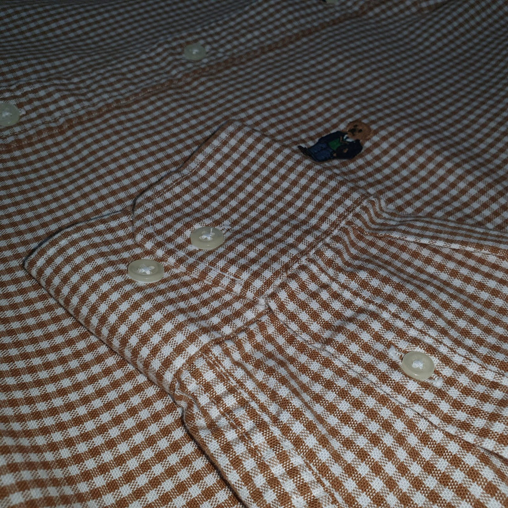 Camisa Ralph Lauren Masculina Oxford Micro Xadrez Clássico Marrom Urso Americano
