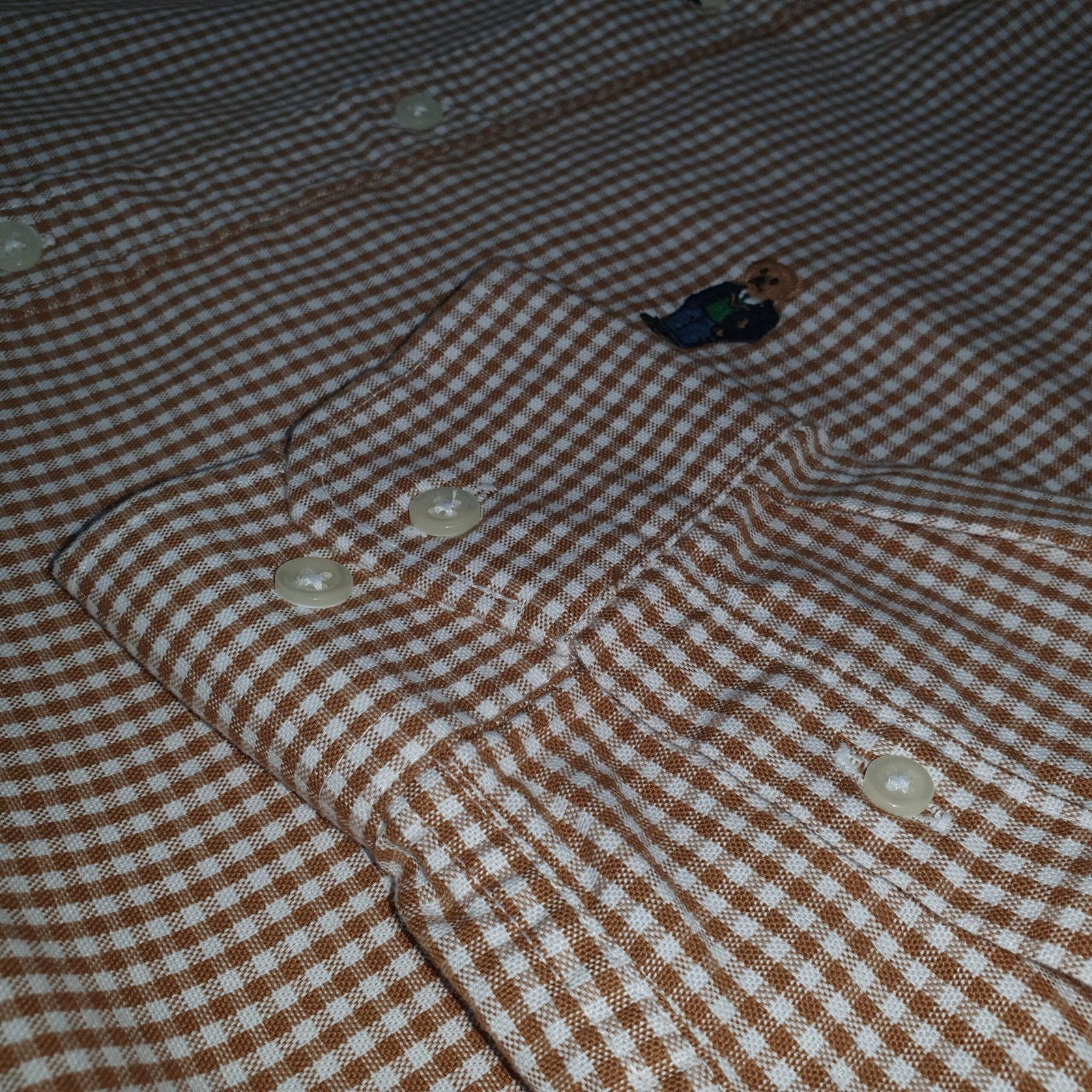 Camisa Ralph Lauren Masculina Oxford Micro Xadrez Clássico Marrom Urso Americano