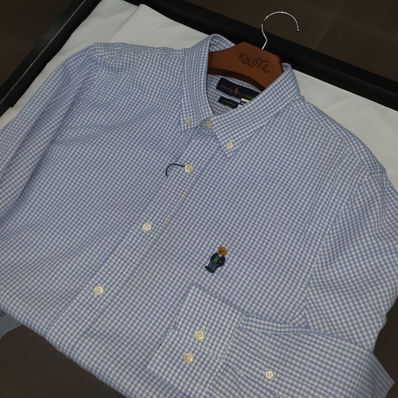Camisa Ralph Lauren Masculina Oxford Micro Xadrez Clássico Azul Urso Americano
