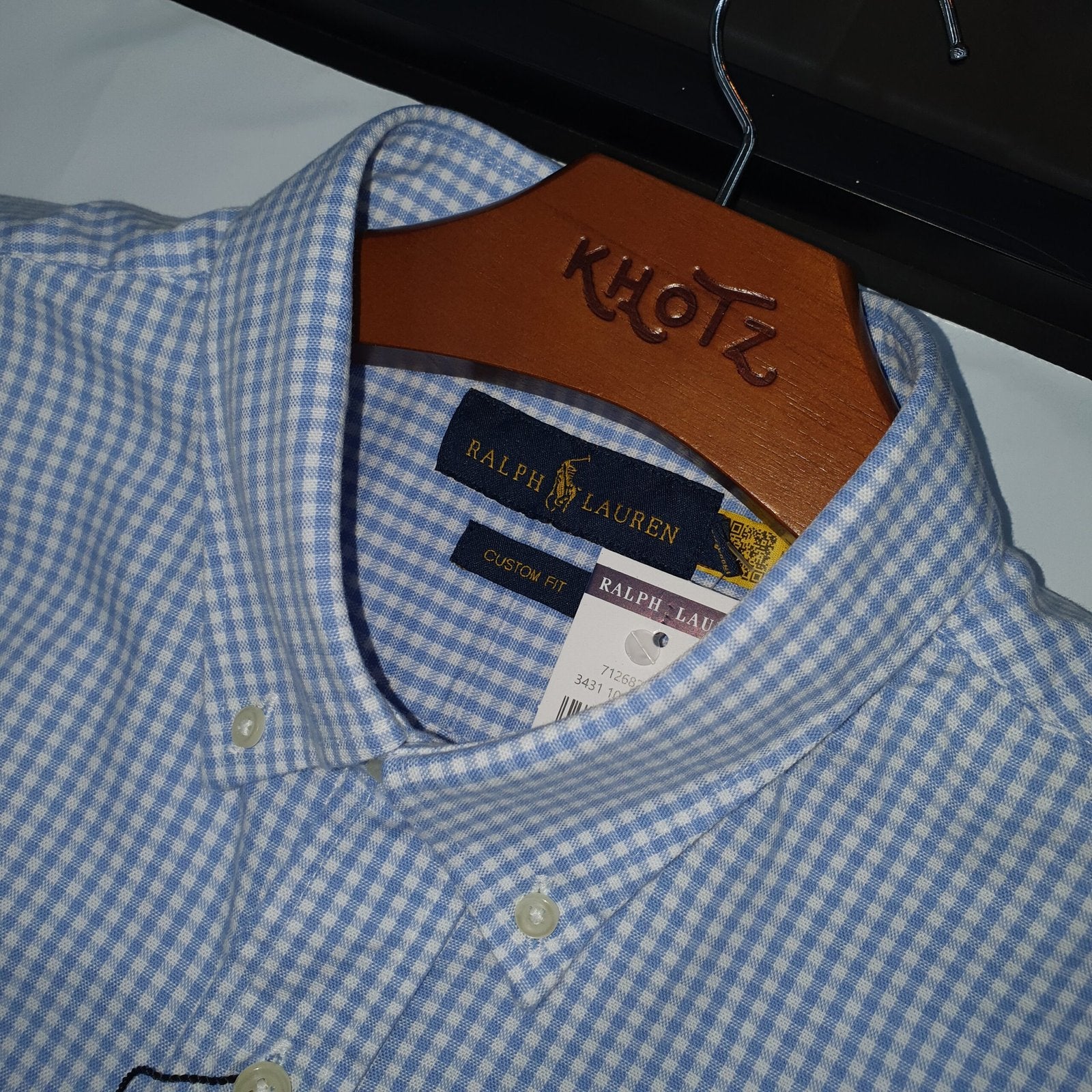 Camisa Ralph Lauren Masculina Oxford Micro Xadrez Clássico Azul Urso Americano