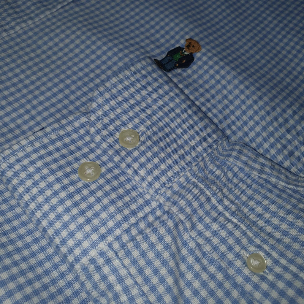 Camisa Ralph Lauren Masculina Oxford Micro Xadrez Clássico Azul Urso Americano