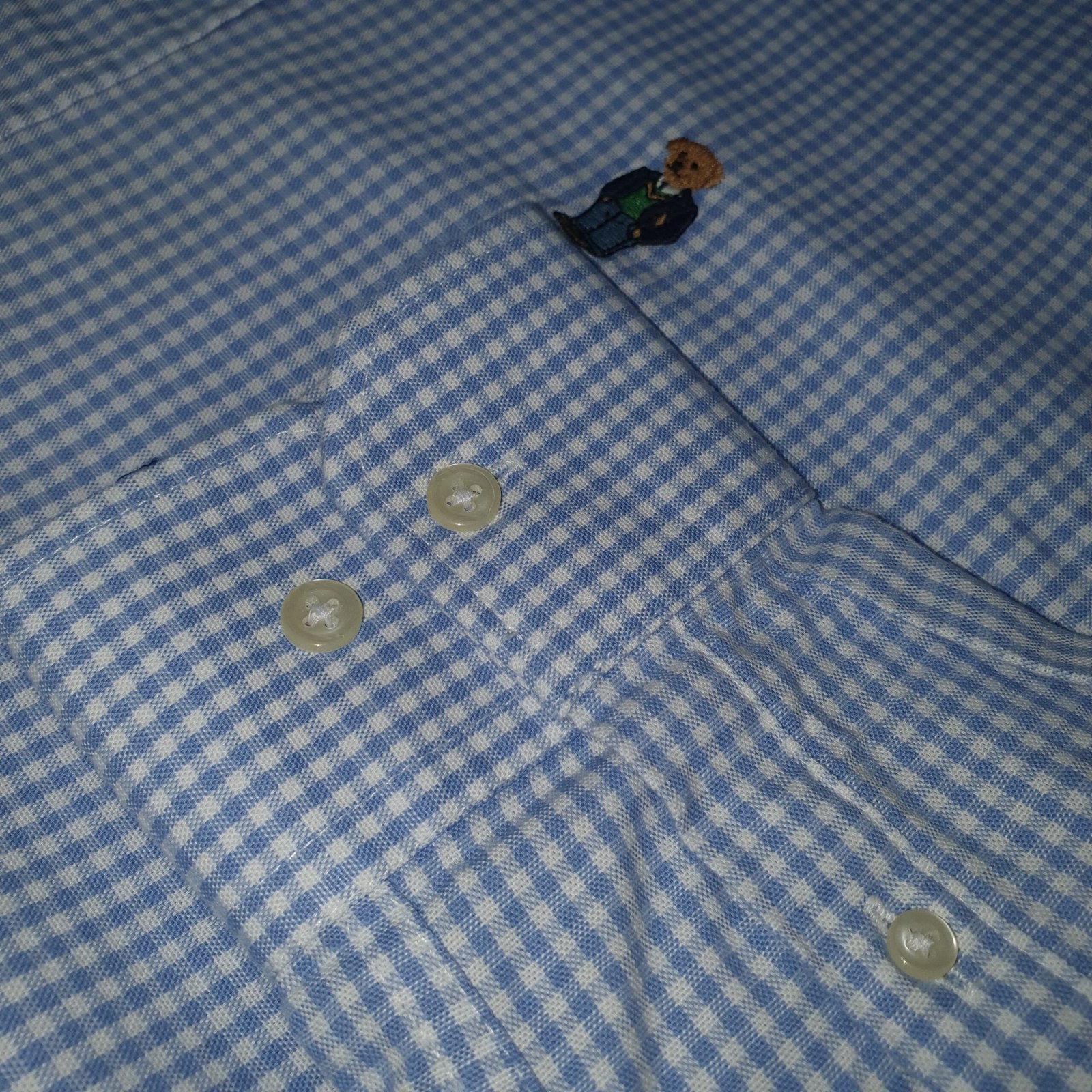 Camisa Ralph Lauren Masculina Oxford Micro Xadrez Clássico Azul Urso Americano