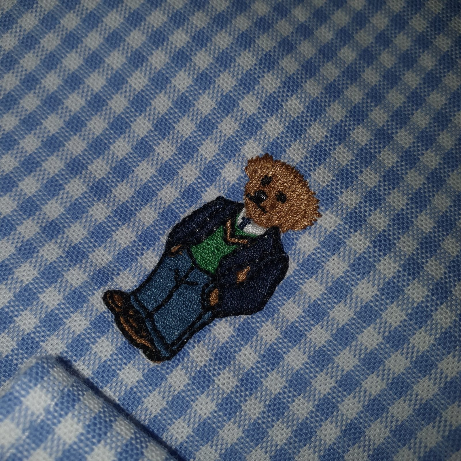 Camisa Ralph Lauren Masculina Oxford Micro Xadrez Clássico Azul Urso Americano