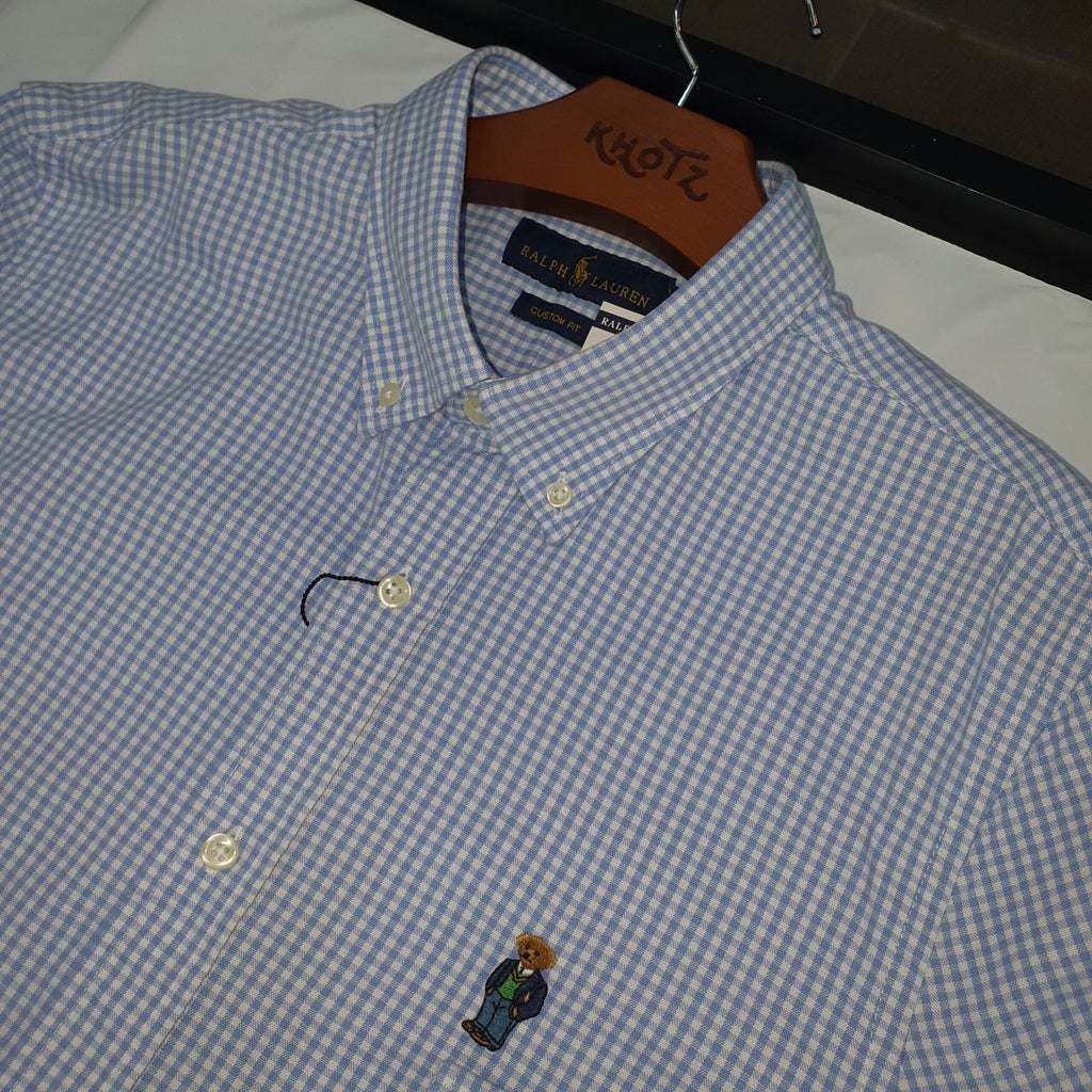 Camisa Ralph Lauren Masculina Oxford Micro Xadrez Clássico Azul Urso Americano