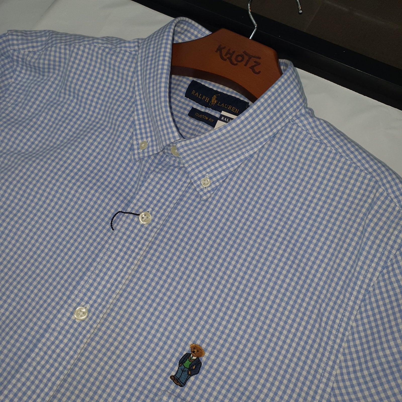 Camisa Ralph Lauren Masculina Oxford Micro Xadrez Clássico Azul Urso Americano