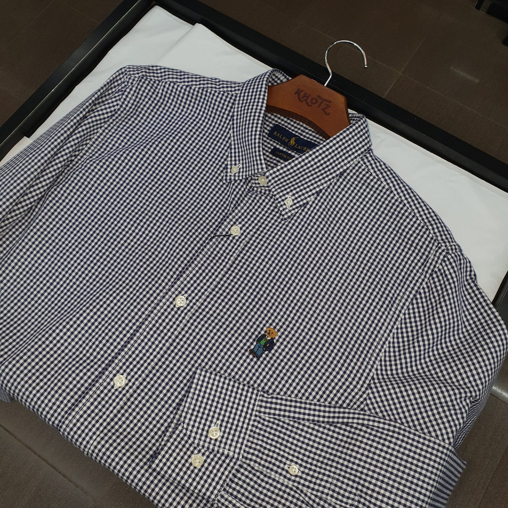 Camisa Ralph Lauren Masculina Oxford Micro Xadrez Clássico Petróleo Urso Americano