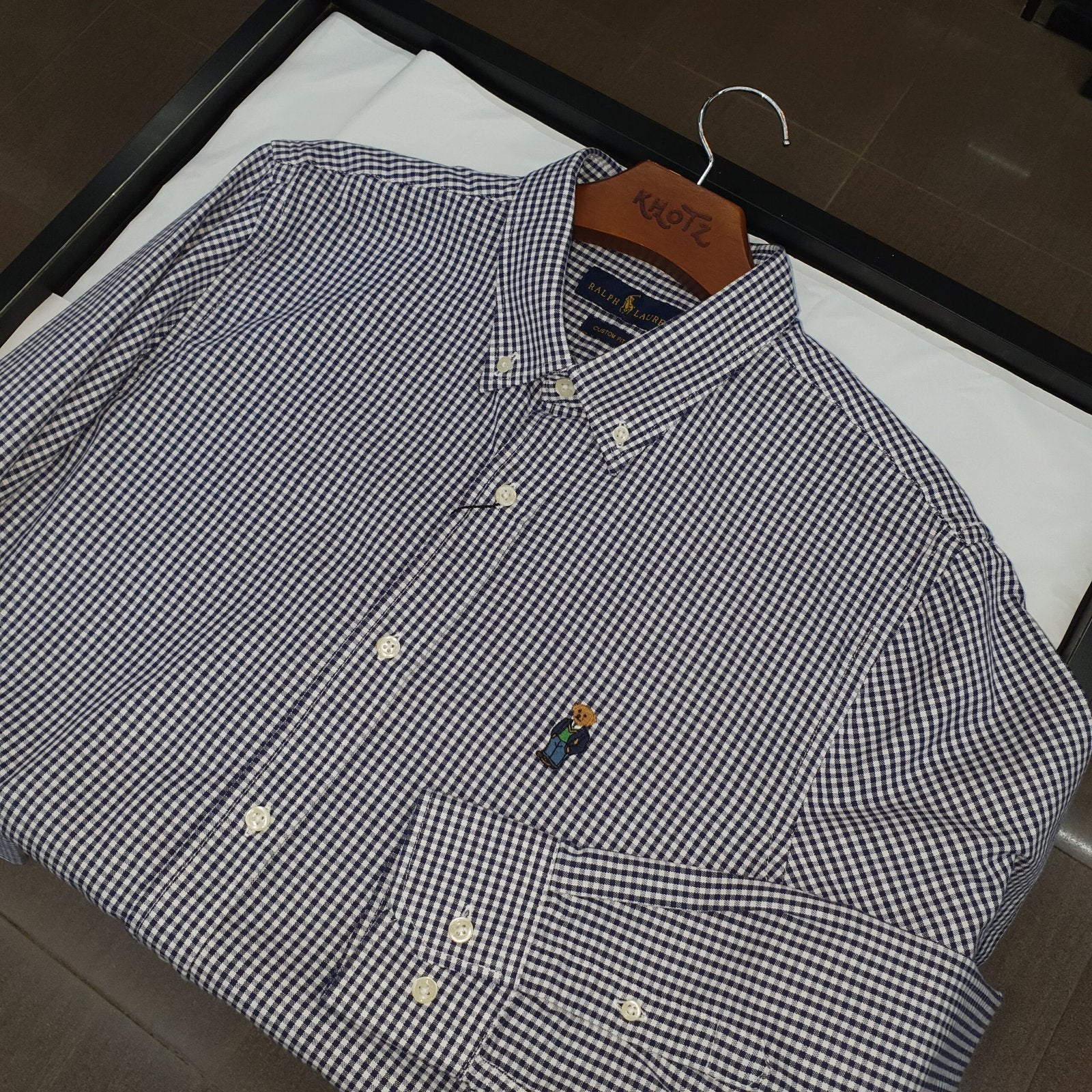 Camisa Ralph Lauren Masculina Oxford Micro Xadrez Clássico Petróleo Urso Americano