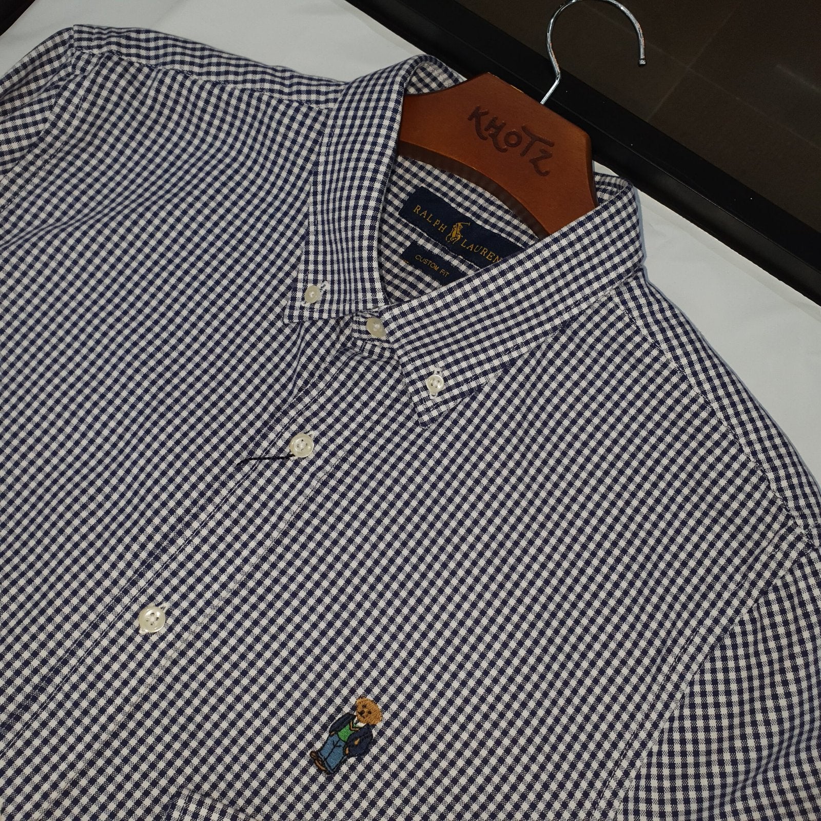Camisa Ralph Lauren Masculina Oxford Micro Xadrez Clássico Petróleo Urso Americano