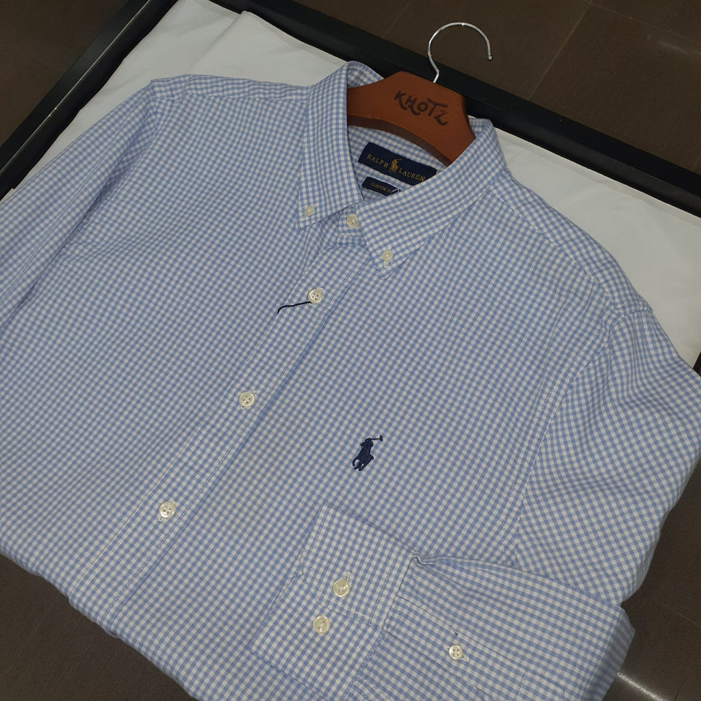 Camisa Ralph Lauren Masculina Oxford Micro Xadrez Clássico Azul Bebê Pony Marinho