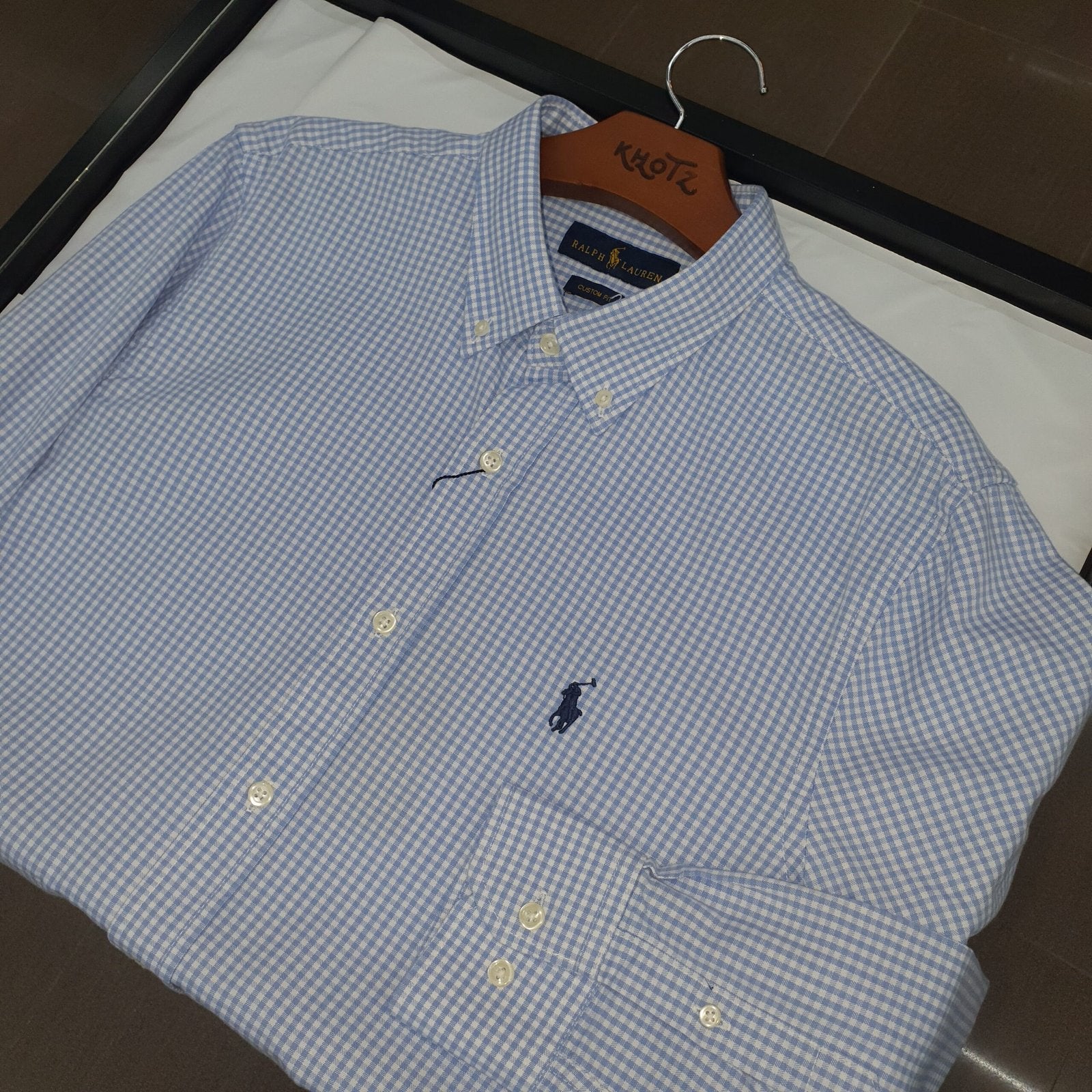 Camisa Ralph Lauren Masculina Oxford Micro Xadrez Clássico Azul Bebê Pony Marinho