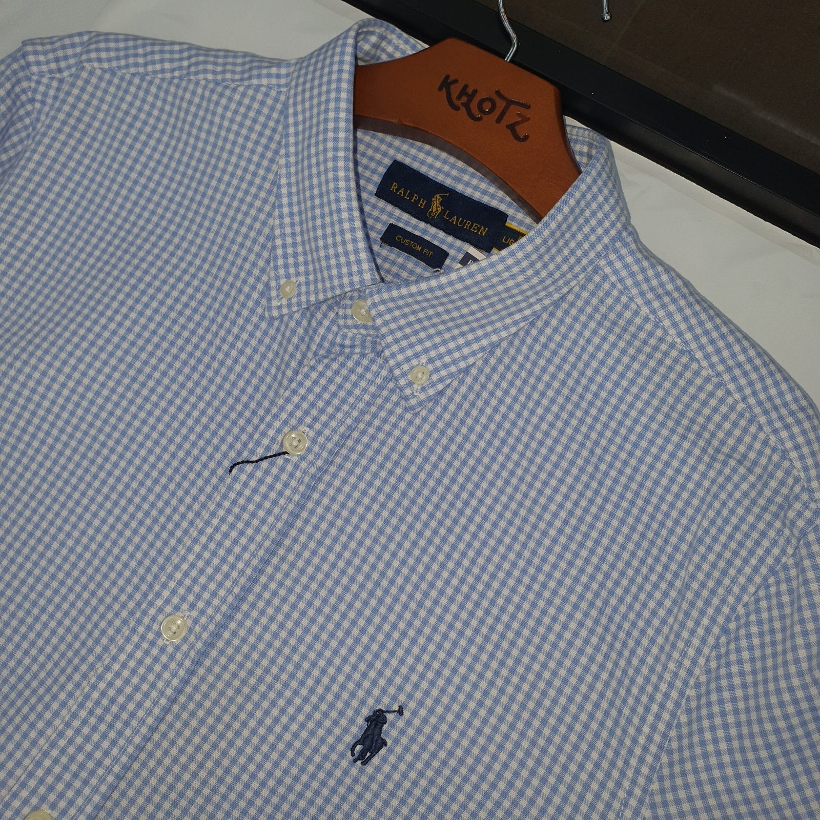 Camisa Ralph Lauren Masculina Oxford Micro Xadrez Clássico Azul Bebê Pony Marinho