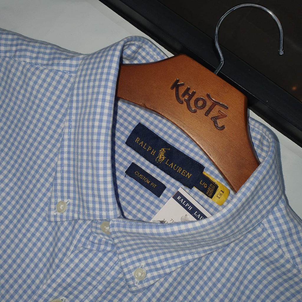 Camisa Ralph Lauren Masculina Oxford Micro Xadrez Clássico Azul Bebê Pony Marinho