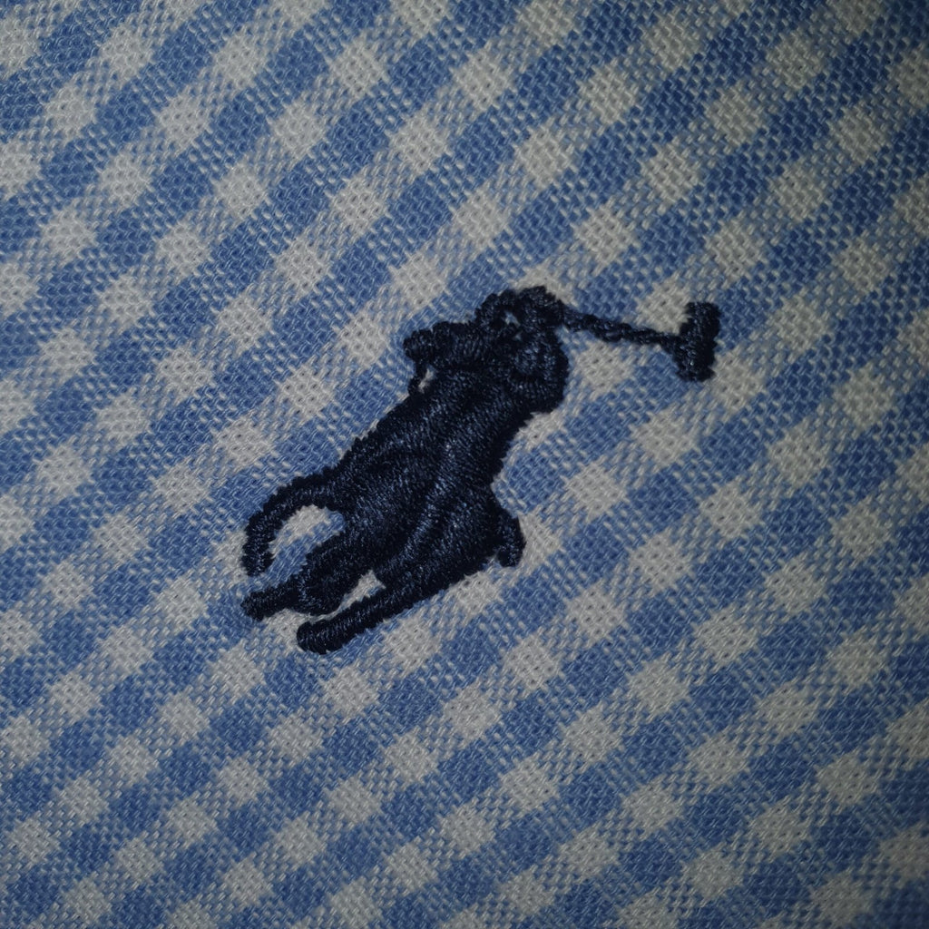 Camisa Ralph Lauren Masculina Oxford Micro Xadrez Clássico Azul Bebê Pony Marinho