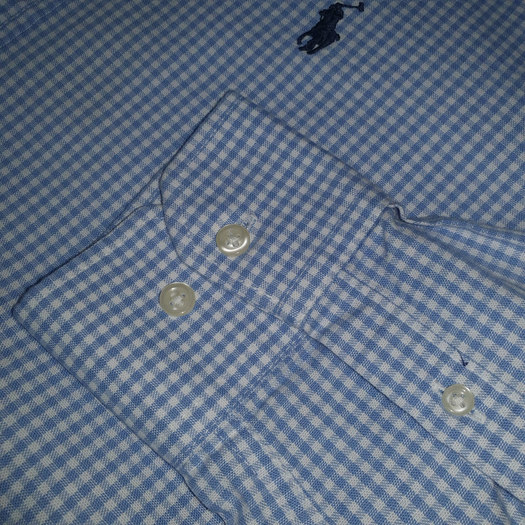 Camisa Ralph Lauren Masculina Oxford Micro Xadrez Clássico Azul Bebê Pony Marinho