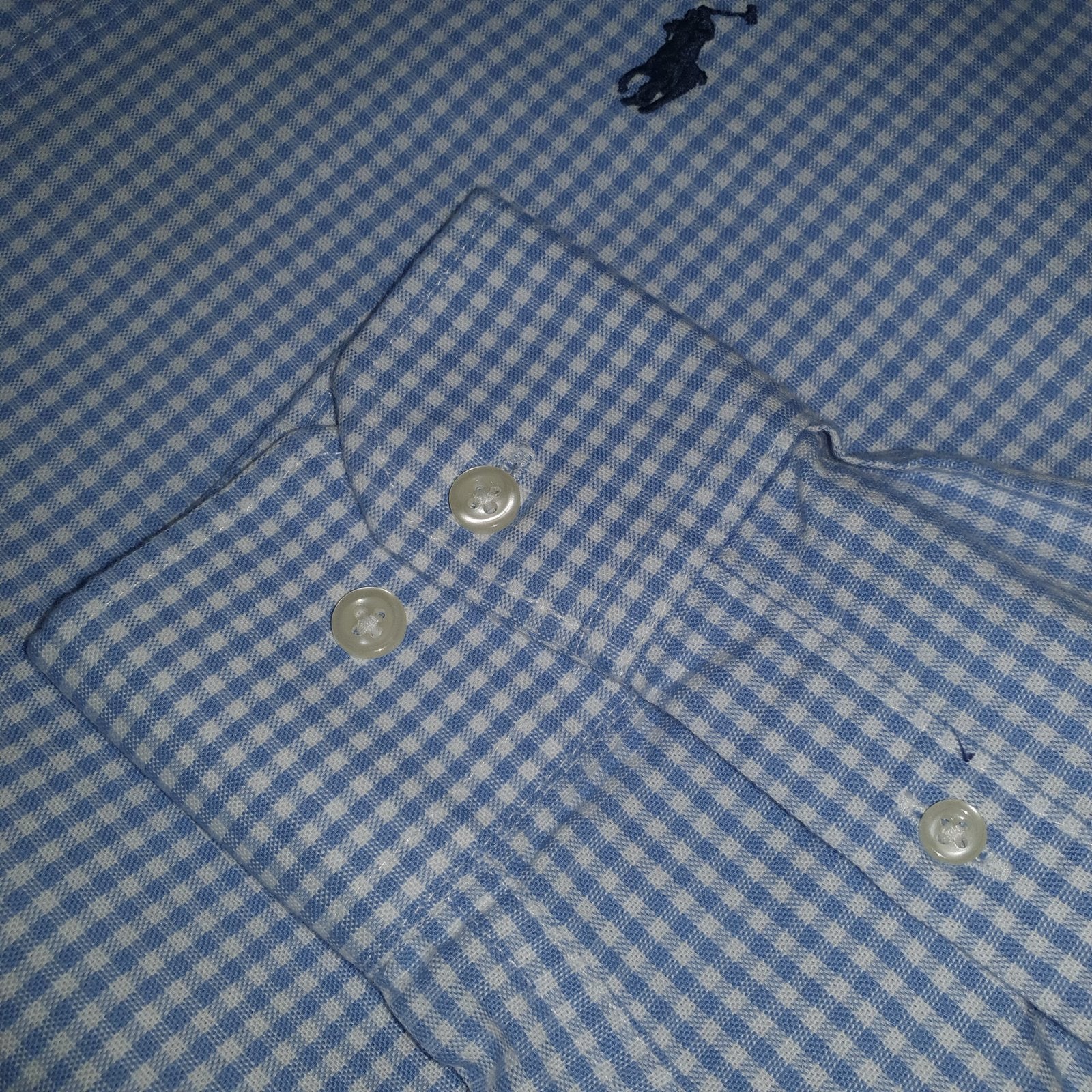 Camisa Ralph Lauren Masculina Oxford Micro Xadrez Clássico Azul Bebê Pony Marinho