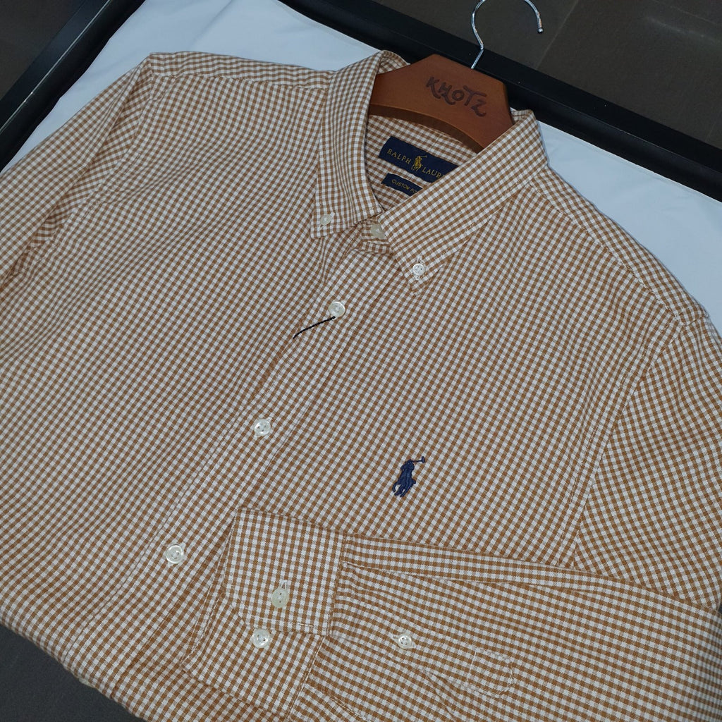 Camisa Ralph Lauren Masculina Oxford Micro Xadrez Clássico Marrom Pony Marinho