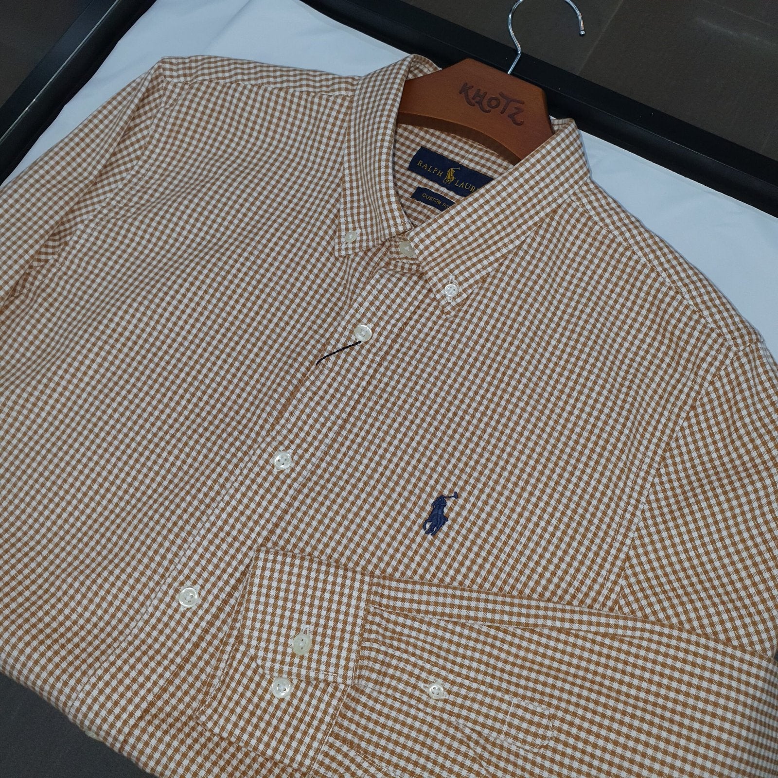 Camisa Ralph Lauren Masculina Oxford Micro Xadrez Clássico Marrom Pony Marinho