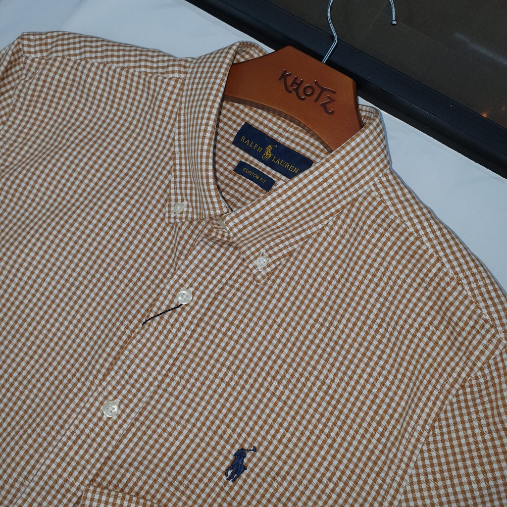 Camisa Ralph Lauren Masculina Oxford Micro Xadrez Clássico Marrom Pony Marinho