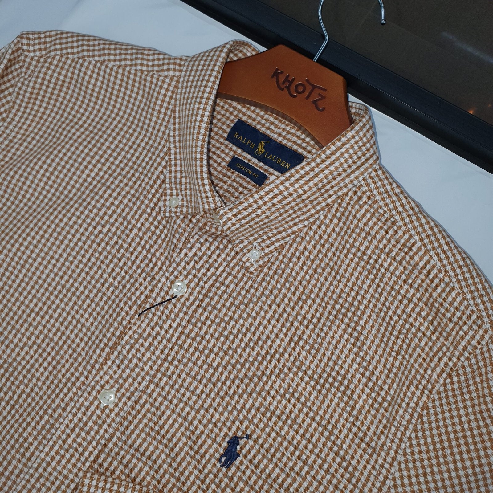Camisa Ralph Lauren Masculina Oxford Micro Xadrez Clássico Marrom Pony Marinho