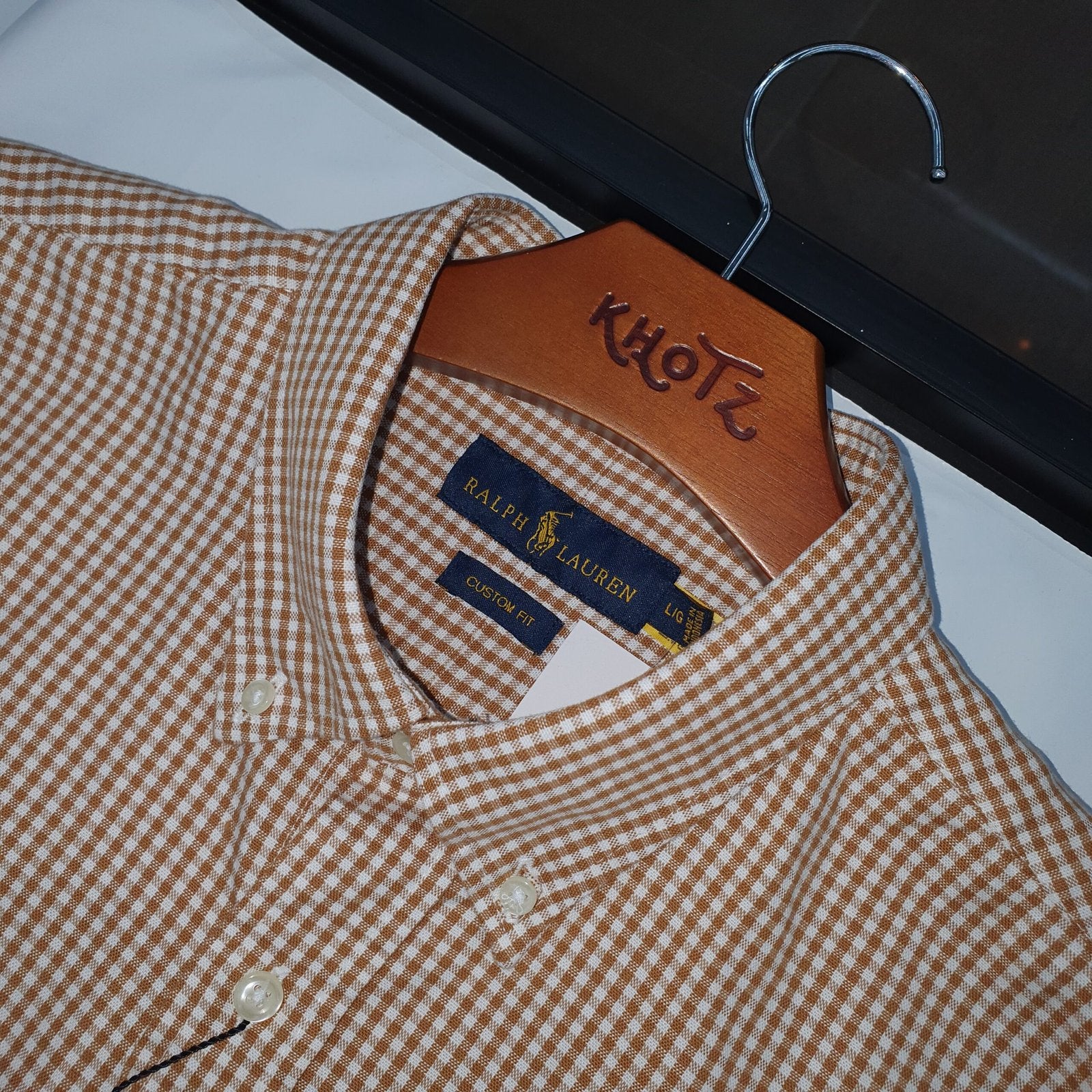 Camisa Ralph Lauren Masculina Oxford Micro Xadrez Clássico Marrom Pony Marinho