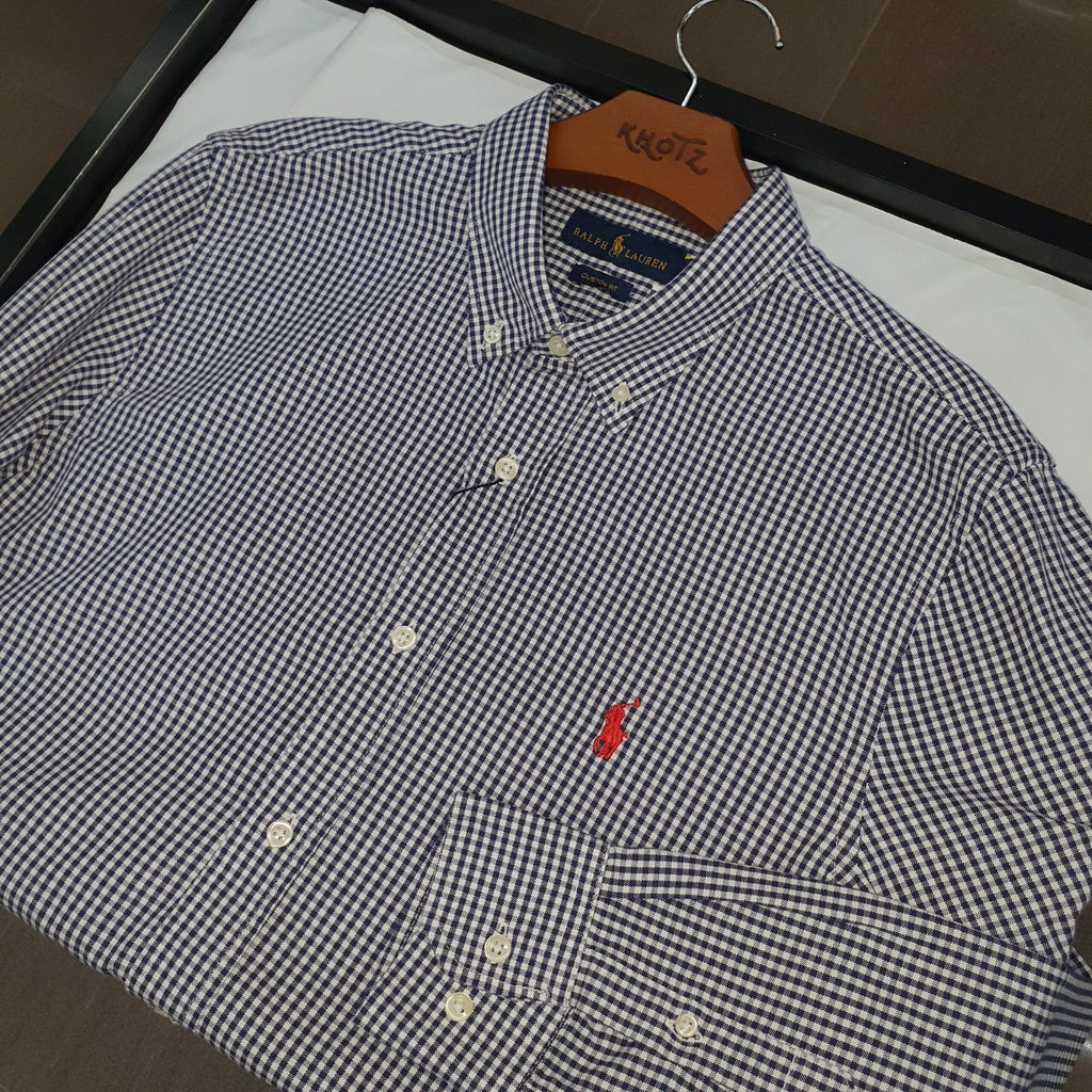 Camisa Ralph Lauren Masculina Oxford Micro Xadrez Clássico Marinho Pony Vermelho