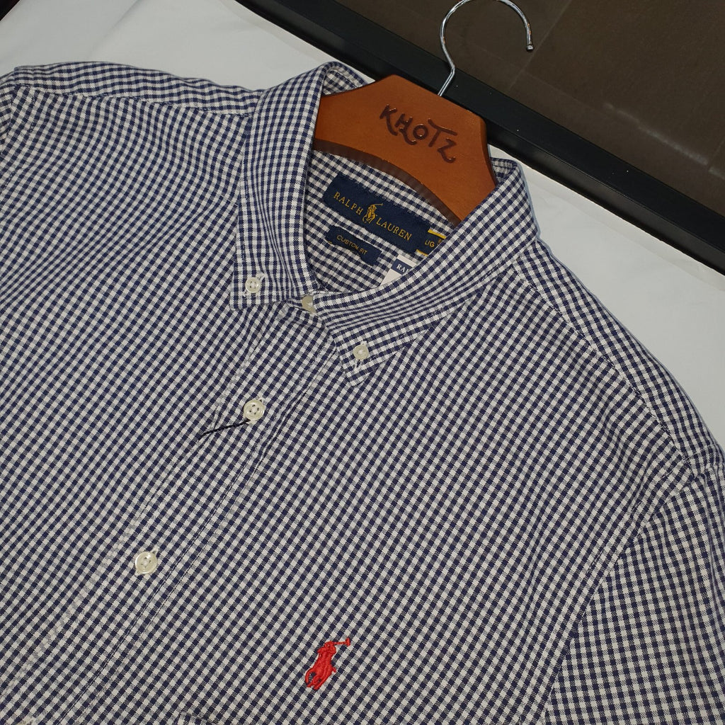 Camisa Ralph Lauren Masculina Oxford Micro Xadrez Clássico Marinho Pony Vermelho