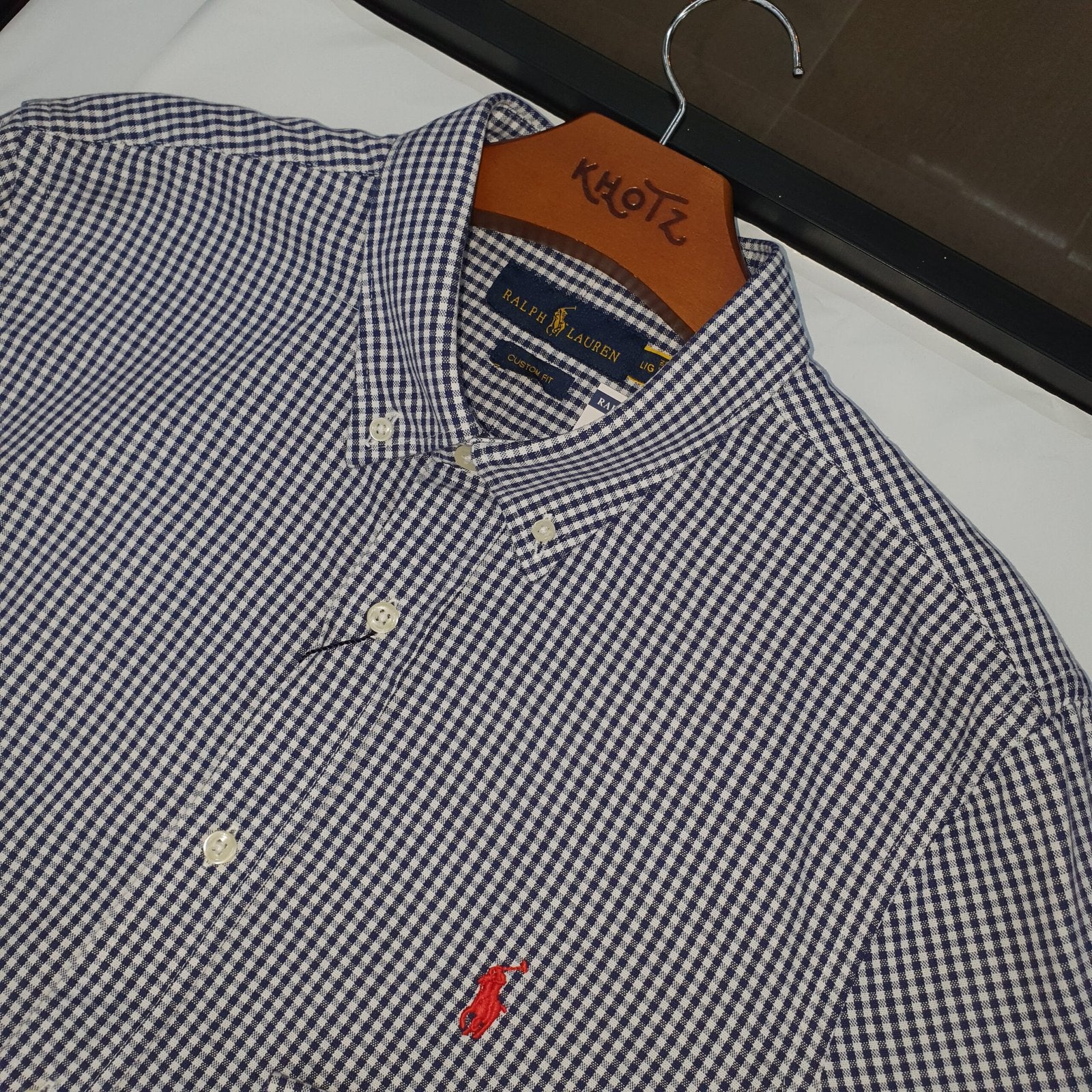 Camisa Ralph Lauren Masculina Oxford Micro Xadrez Clássico Marinho Pony Vermelho