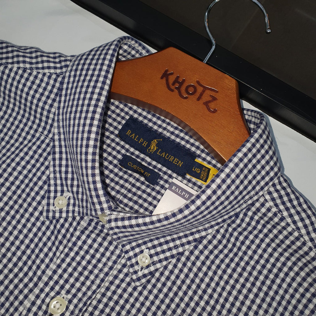 Camisa Ralph Lauren Masculina Oxford Micro Xadrez Clássico Marinho Pony Vermelho