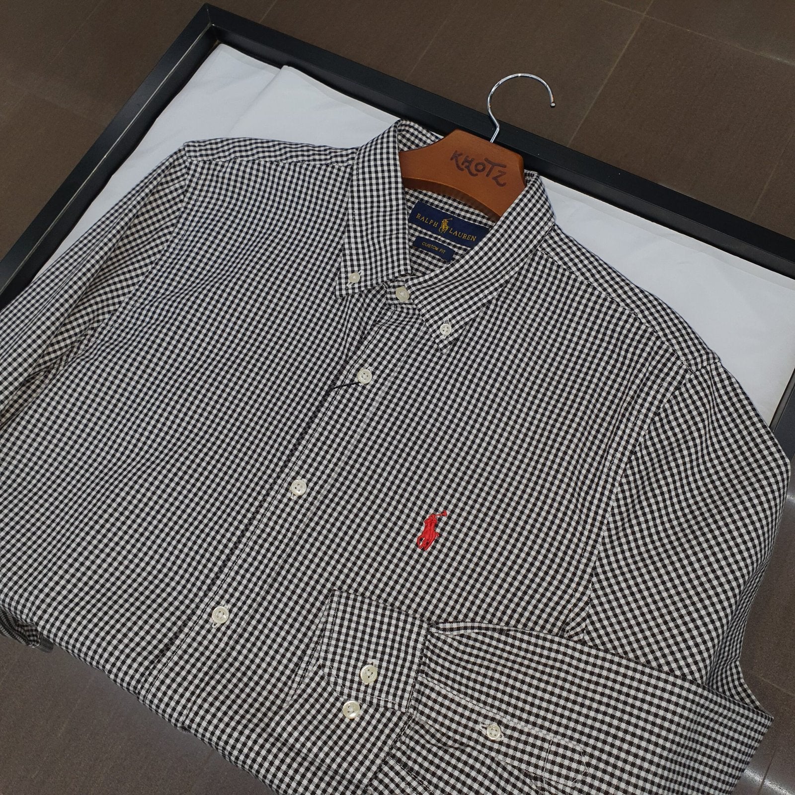 Camisa Ralph Lauren Masculina Oxford Micro Xadrez Clássico Preta Pony Vermelho