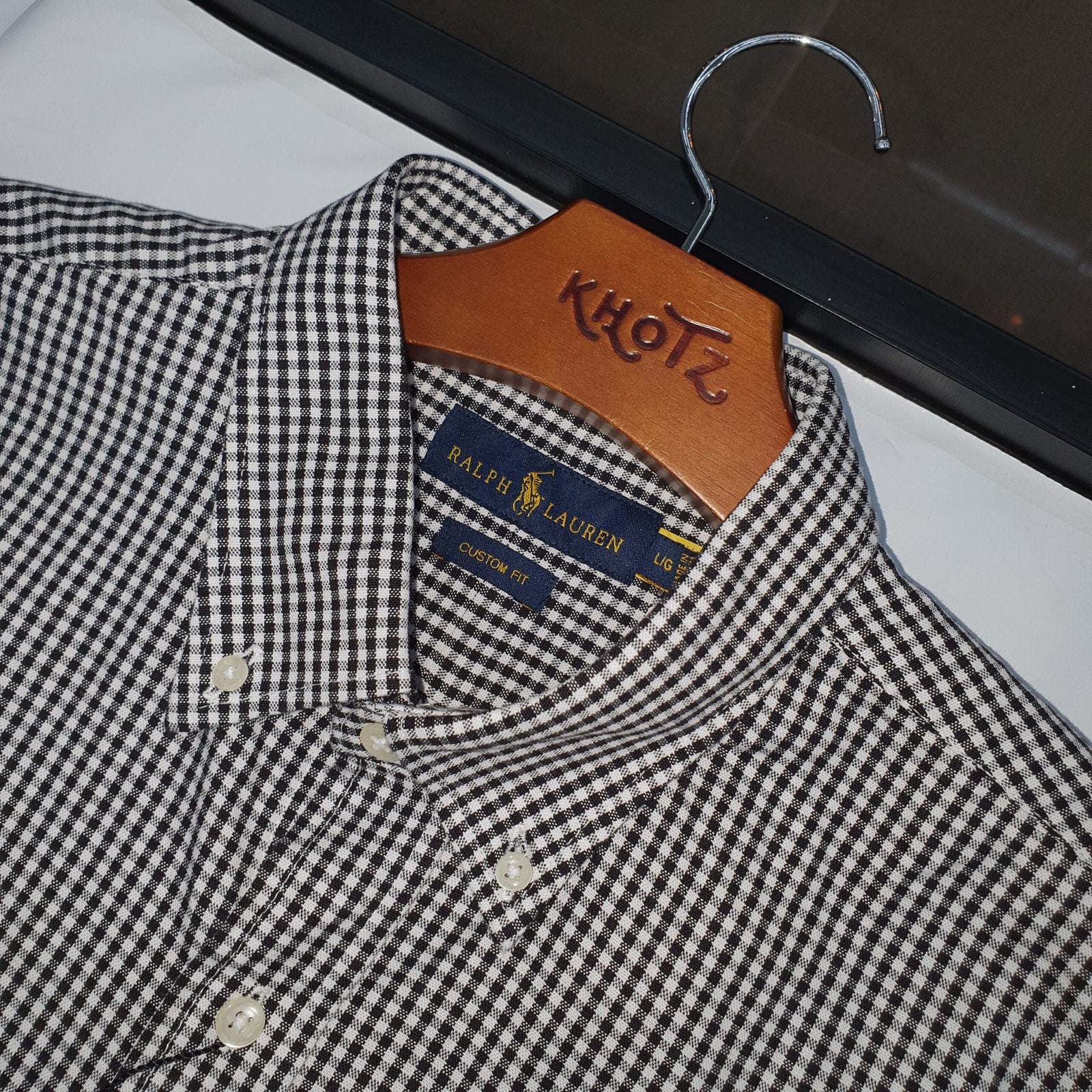 Camisa Ralph Lauren Masculina Oxford Micro Xadrez Clássico Preta Pony Vermelho