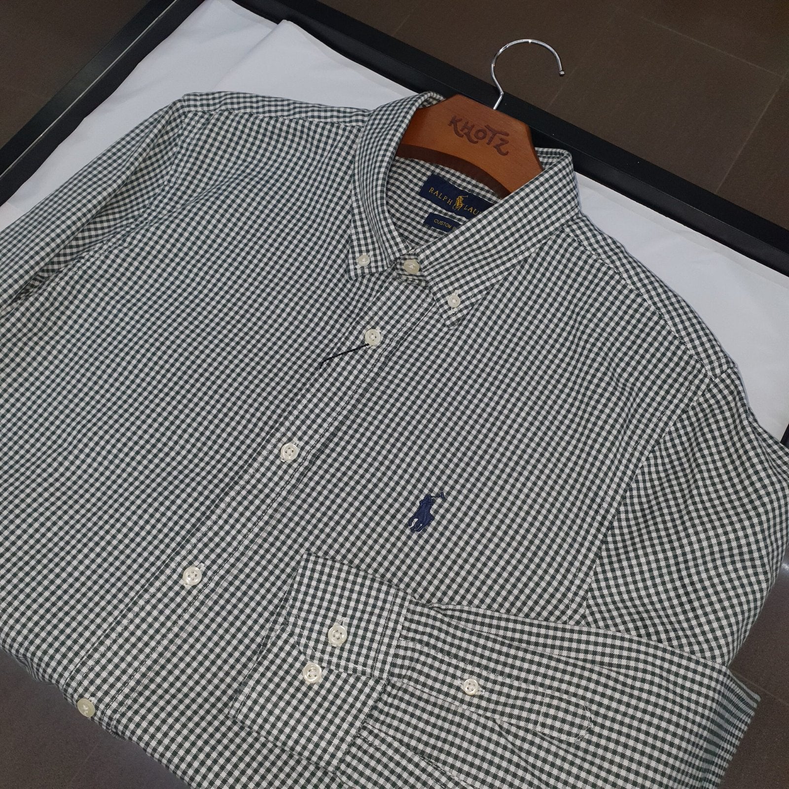 Camisa Ralph Lauren Masculina Oxford Micro Xadrez Clássico Verde Pony Marinho