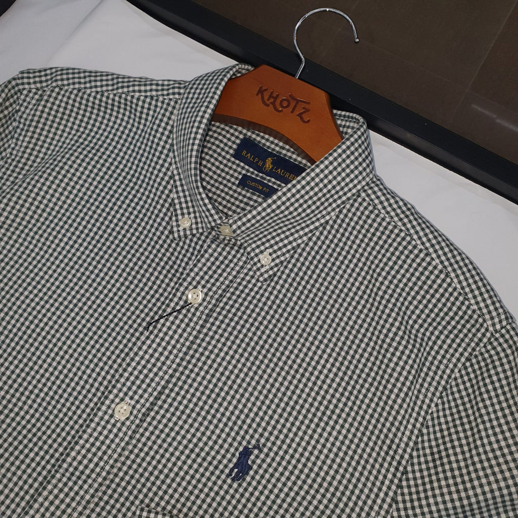 Camisa Ralph Lauren Masculina Oxford Micro Xadrez Clássico Verde Pony Marinho