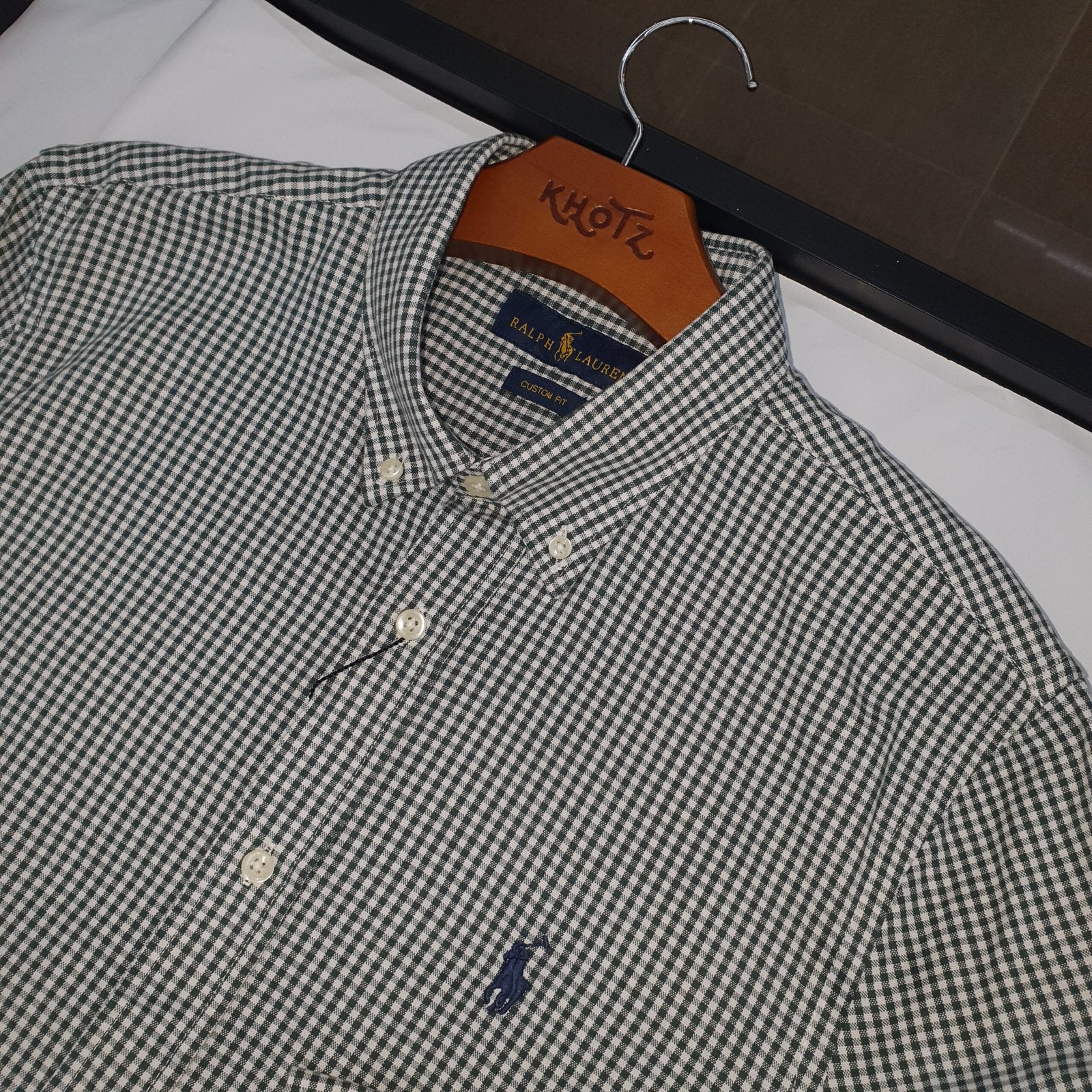 Camisa Ralph Lauren Masculina Oxford Micro Xadrez Clássico Verde Pony Marinho