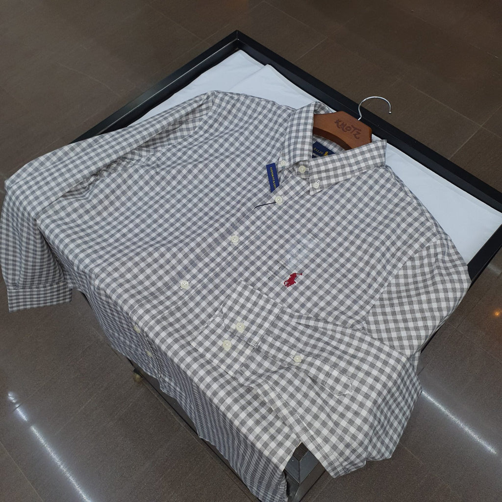 Camisa Ralph Lauren Masculina Xadrez Cinzento Pony Vermelho