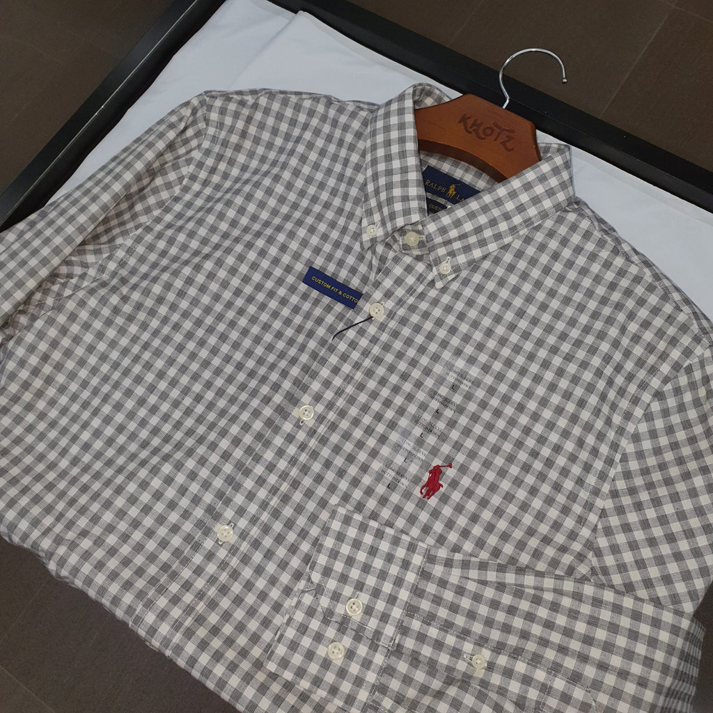 Camisa Ralph Lauren Masculina Xadrez Cinzento Pony Vermelho