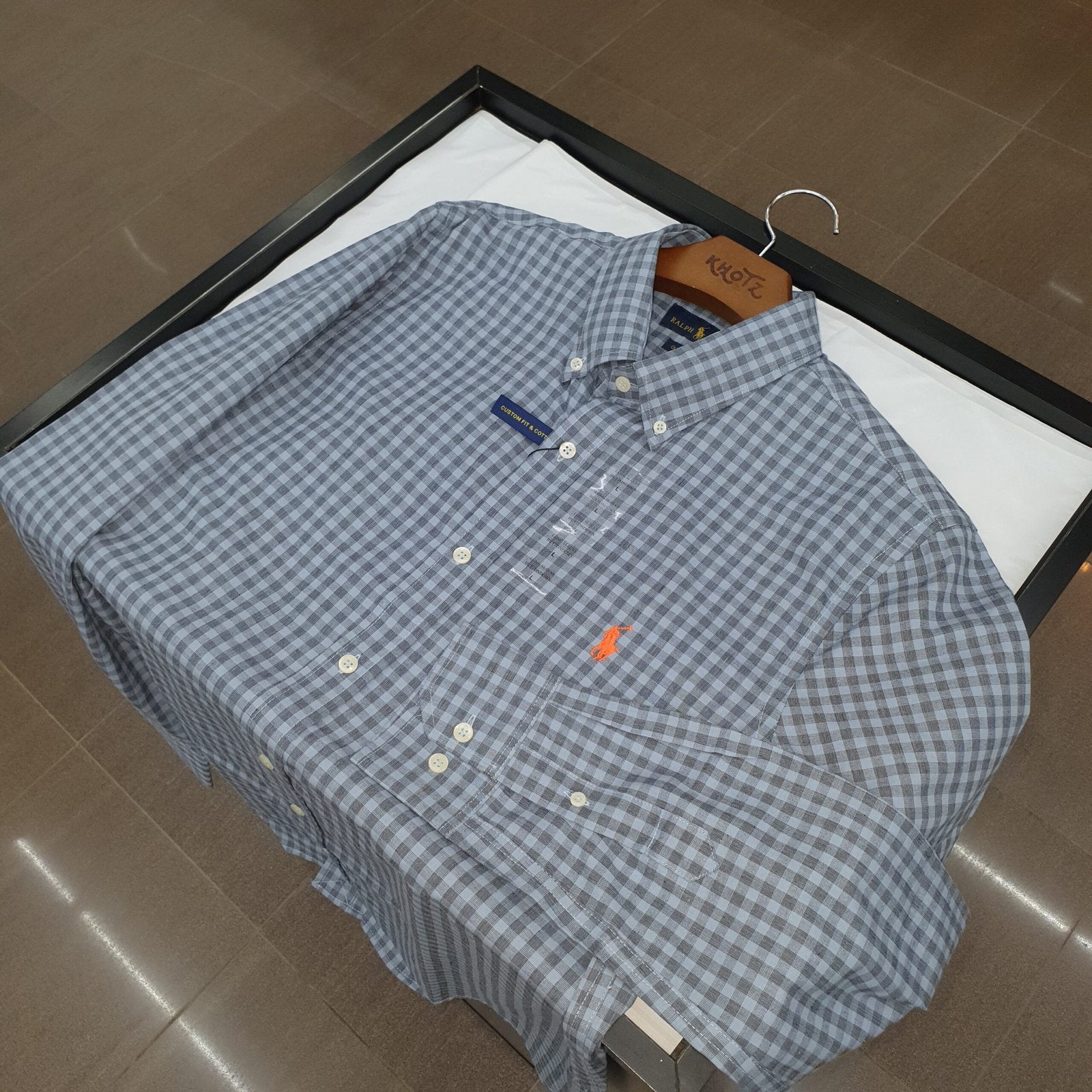 Camisa Ralph Lauren Masculina Xadrez Cinzento Pony Laranja