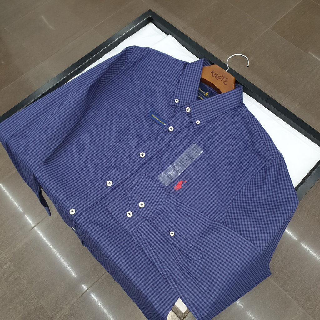 Camisa Ralph Lauren Masculina Micro Xadrez Australiano Azul Pony Vermelho