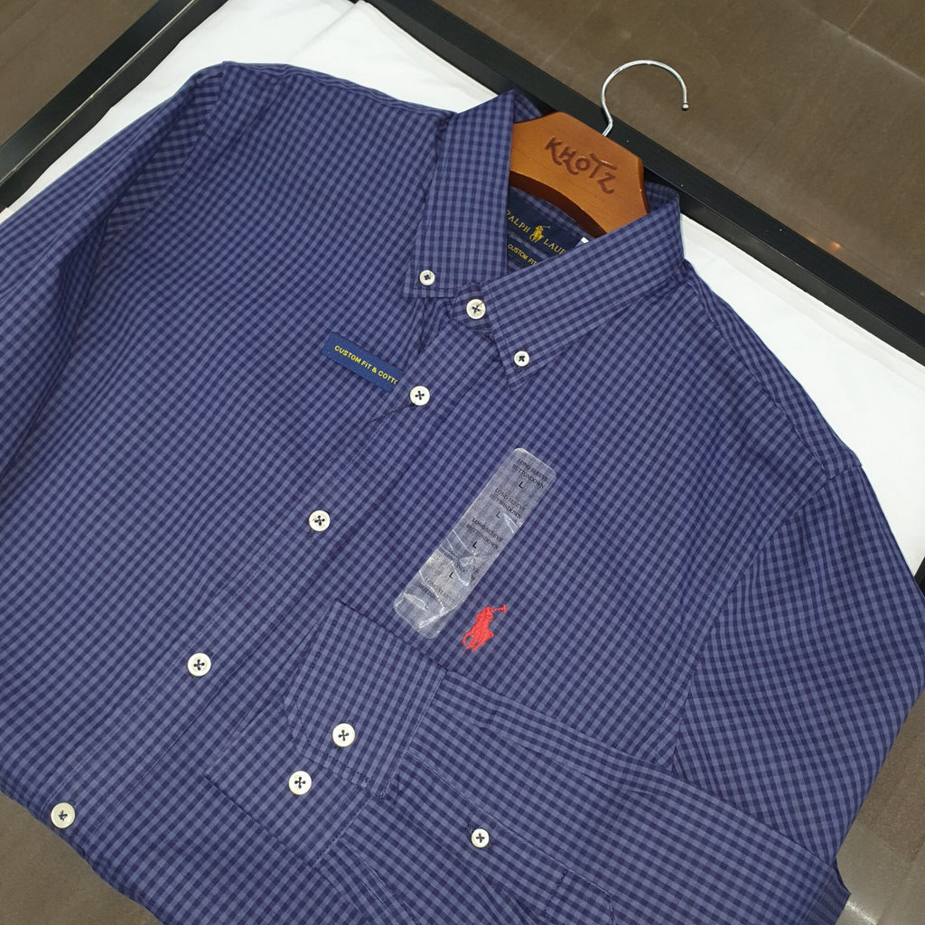 Camisa Ralph Lauren Masculina Micro Xadrez Australiano Azul Pony Vermelho