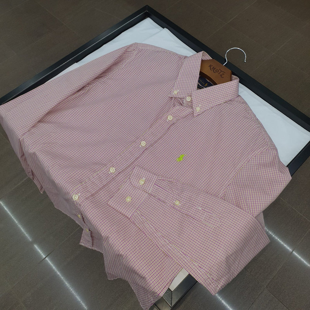 Camisa Ralph Lauren Masculina Micro Xadrez Rosada Exclusiva Pony Limão