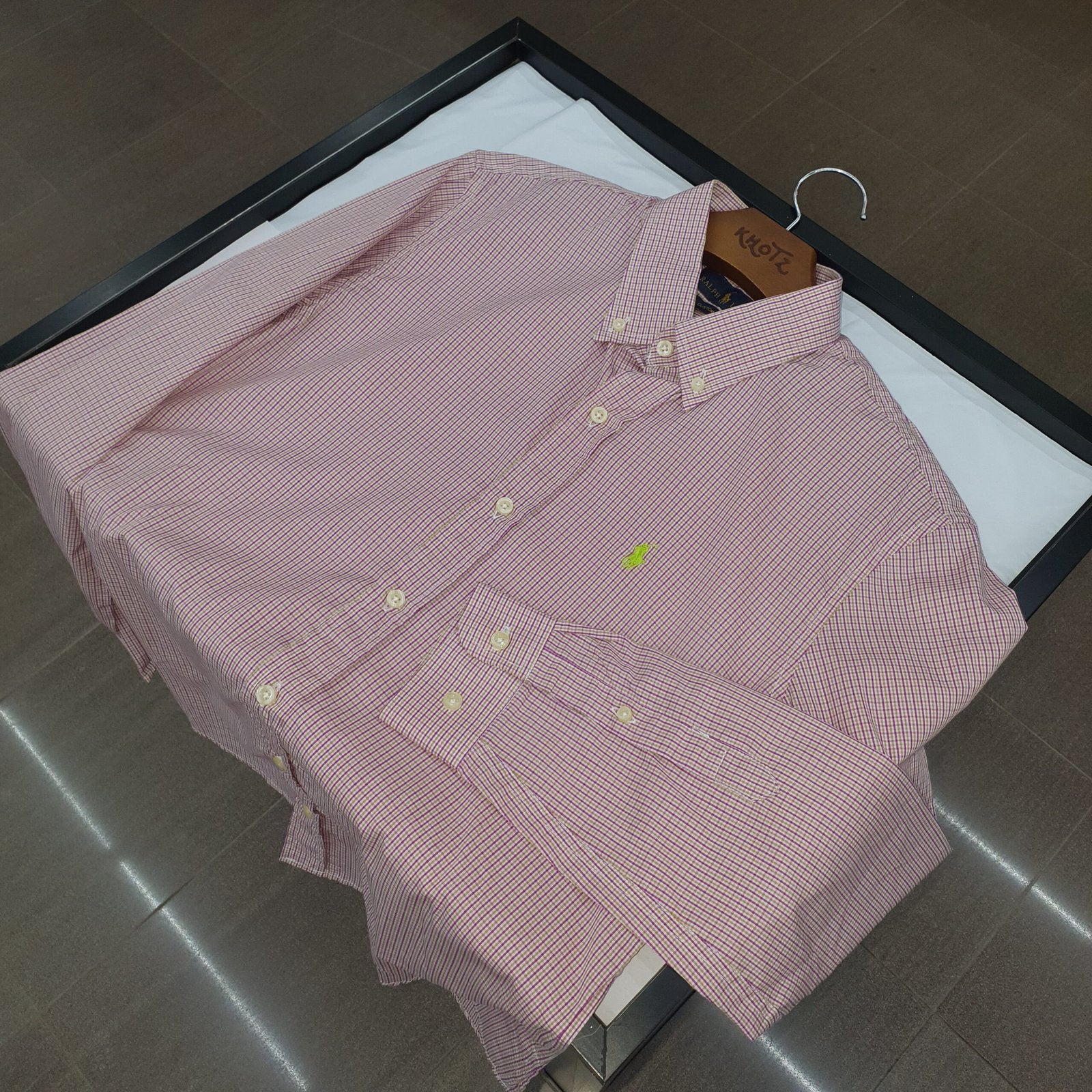 Camisa Ralph Lauren Masculina Micro Xadrez Rosada Exclusiva Pony Limão