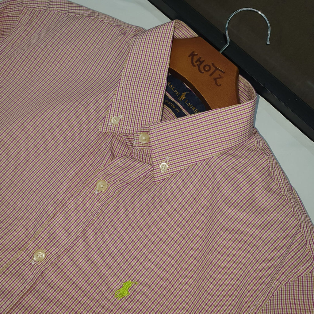 Camisa Ralph Lauren Masculina Micro Xadrez Rosada Exclusiva Pony Limão