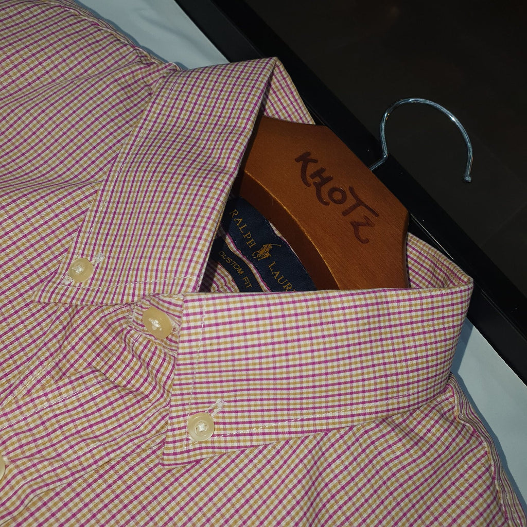 Camisa Ralph Lauren Masculina Micro Xadrez Rosada Exclusiva Pony Limão