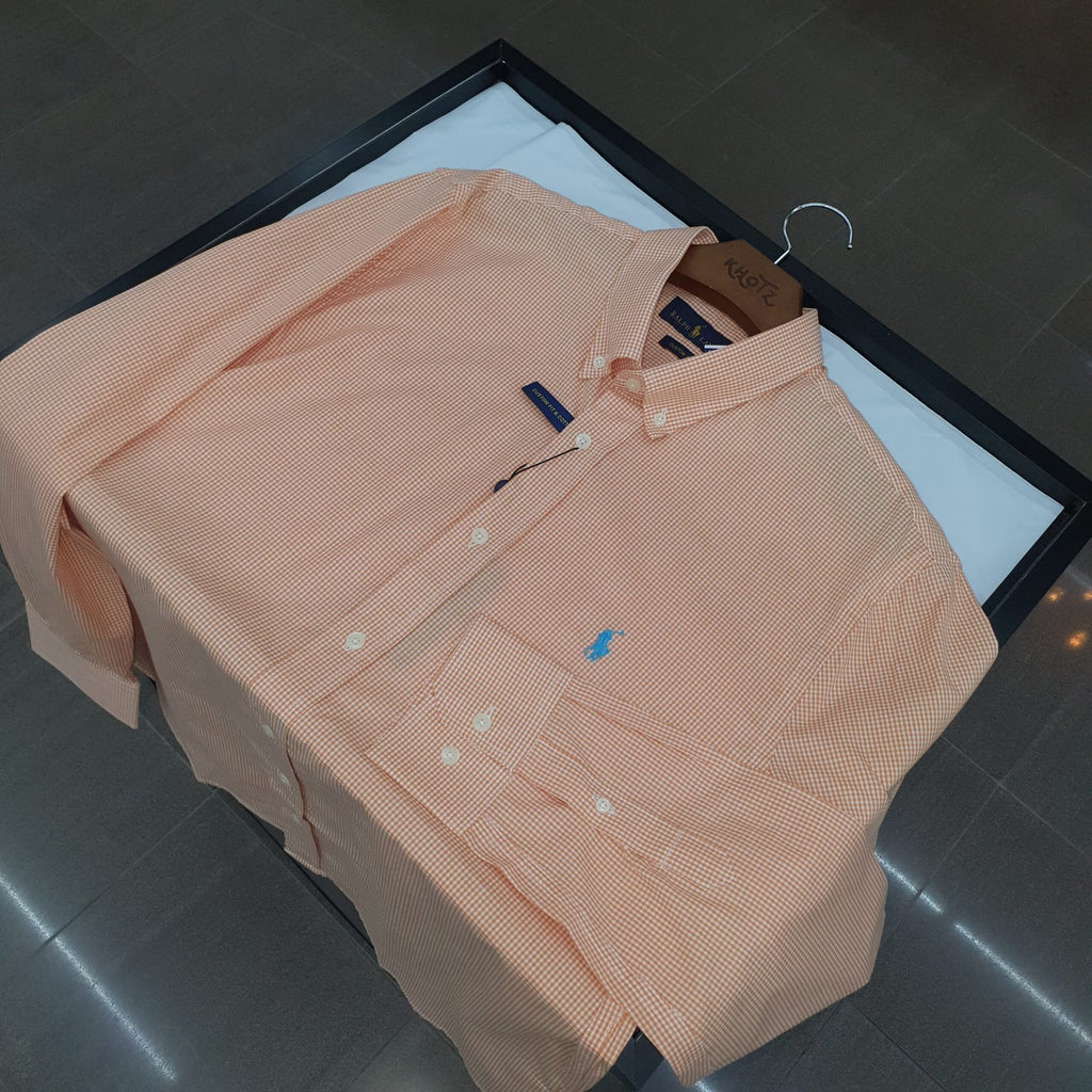 Camisa Ralph Lauren Masculina Micro Xadrez Laranja Pony Azul Celeste