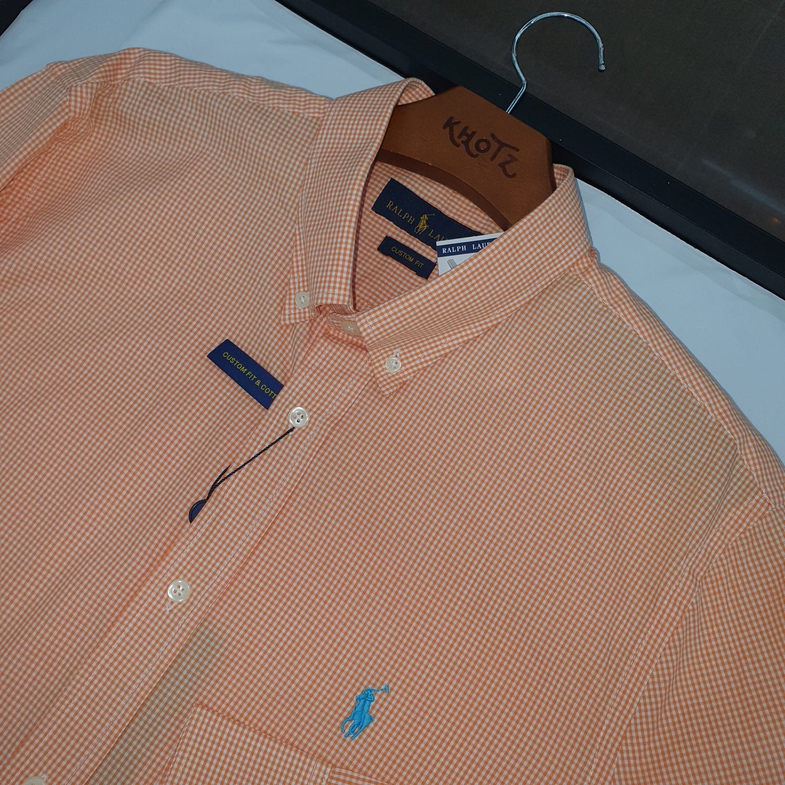 Camisa Ralph Lauren Masculina Micro Xadrez Laranja Pony Azul Celeste