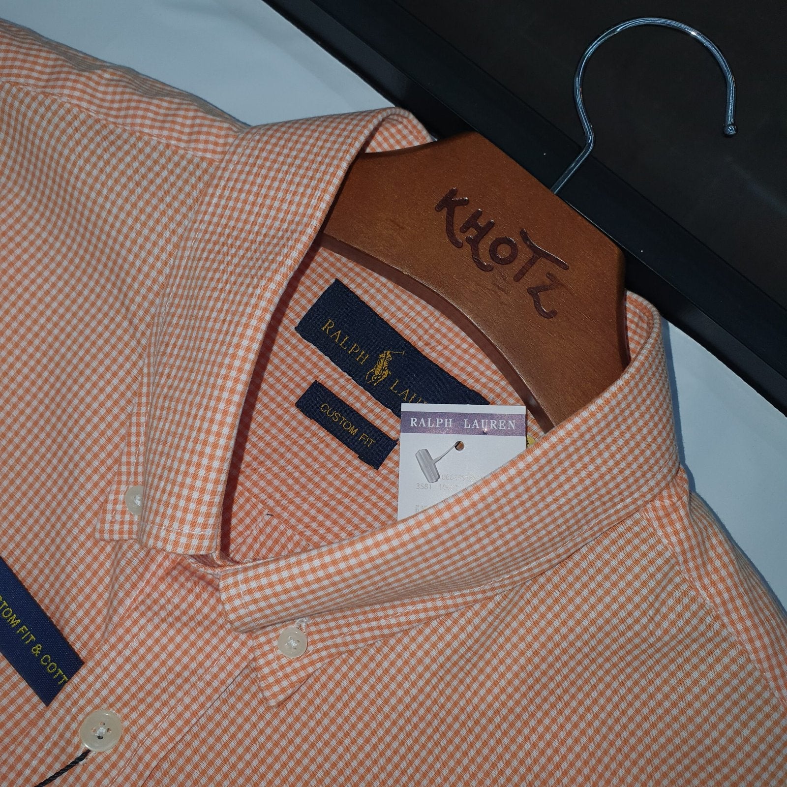Camisa Ralph Lauren Masculina Micro Xadrez Laranja Pony Azul Celeste