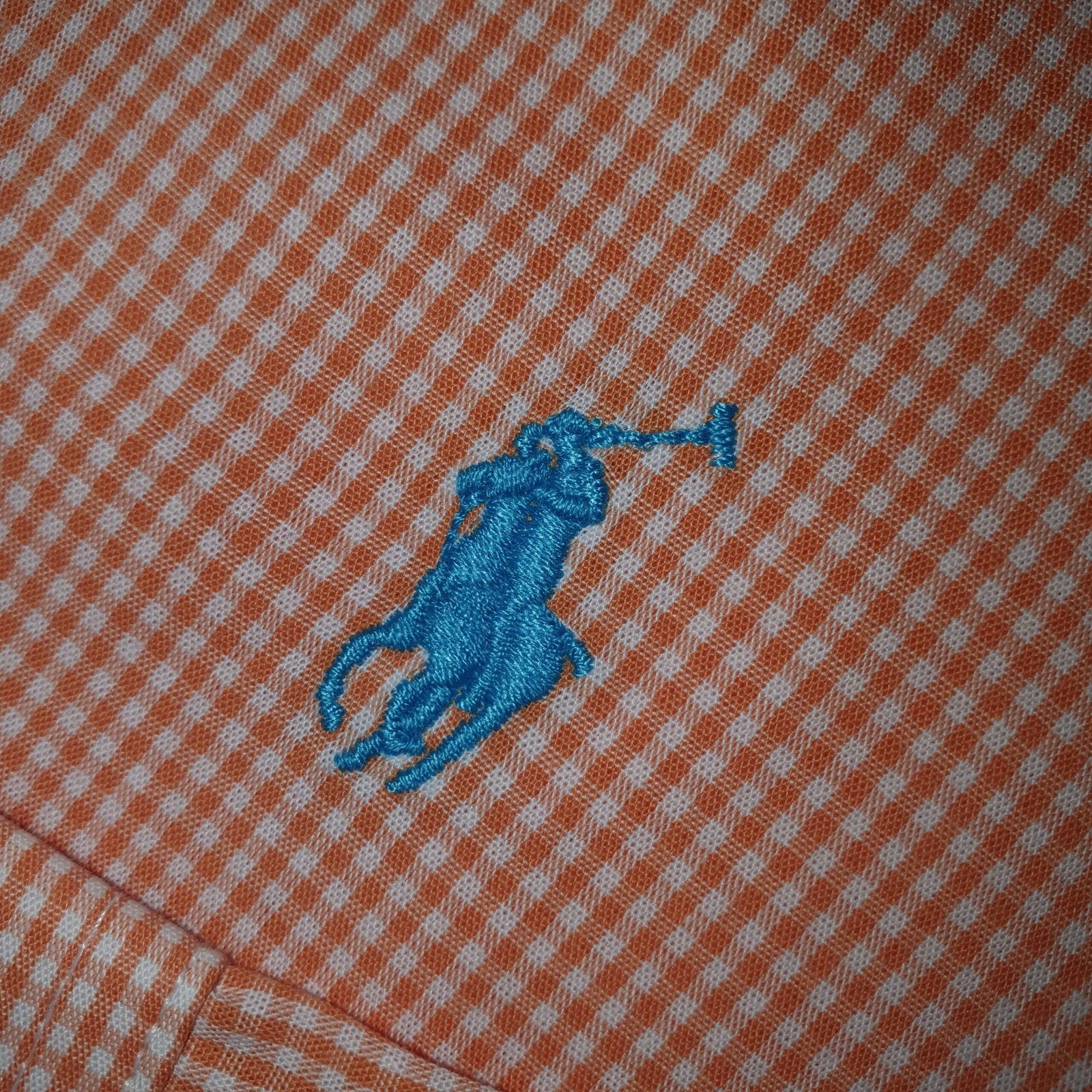 Camisa Ralph Lauren Masculina Micro Xadrez Laranja Pony Azul Celeste