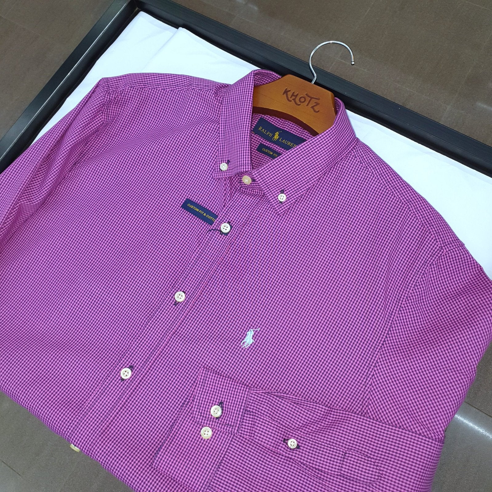 Camisa Ralph Lauren Masculina Micro Xadrez Uva Pony Gelo
