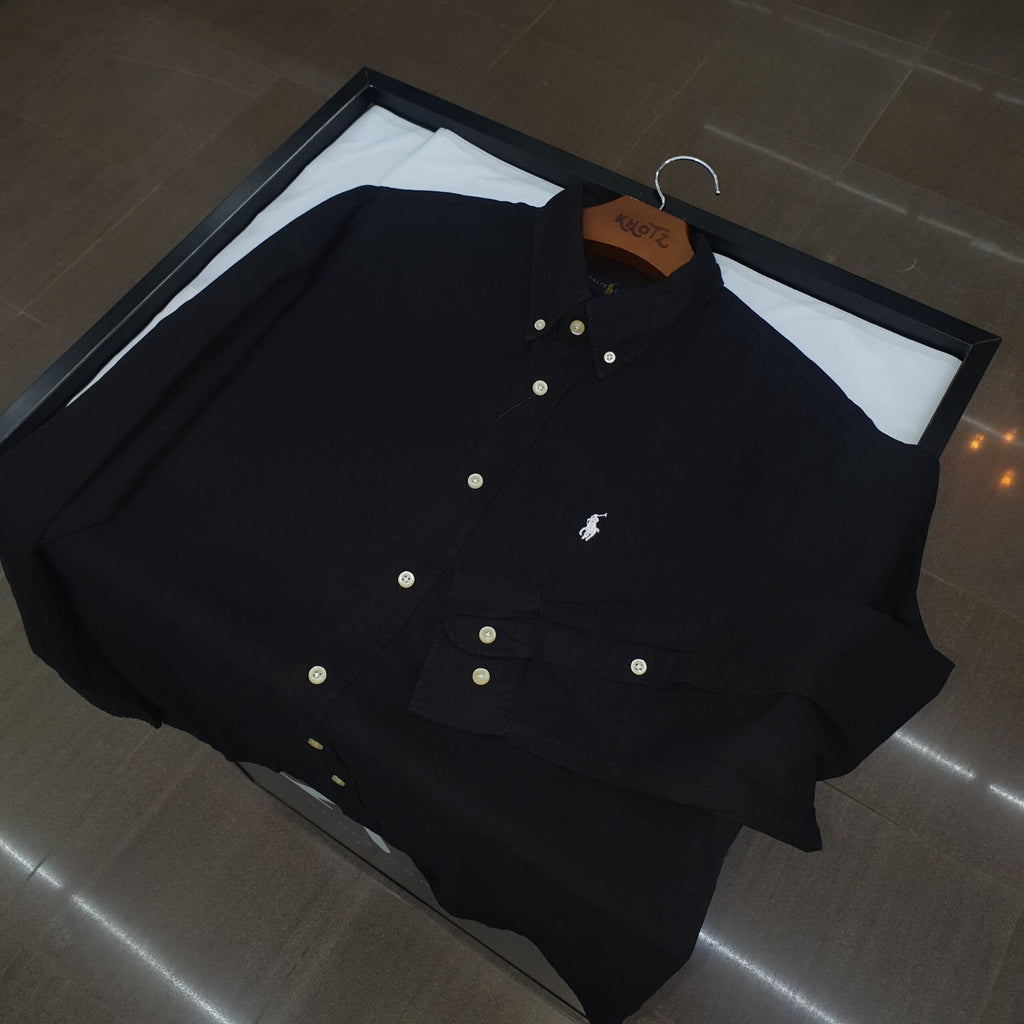 Camisa Ralph Lauren Masculina Oxford Sarjeada Preta Pony Branco