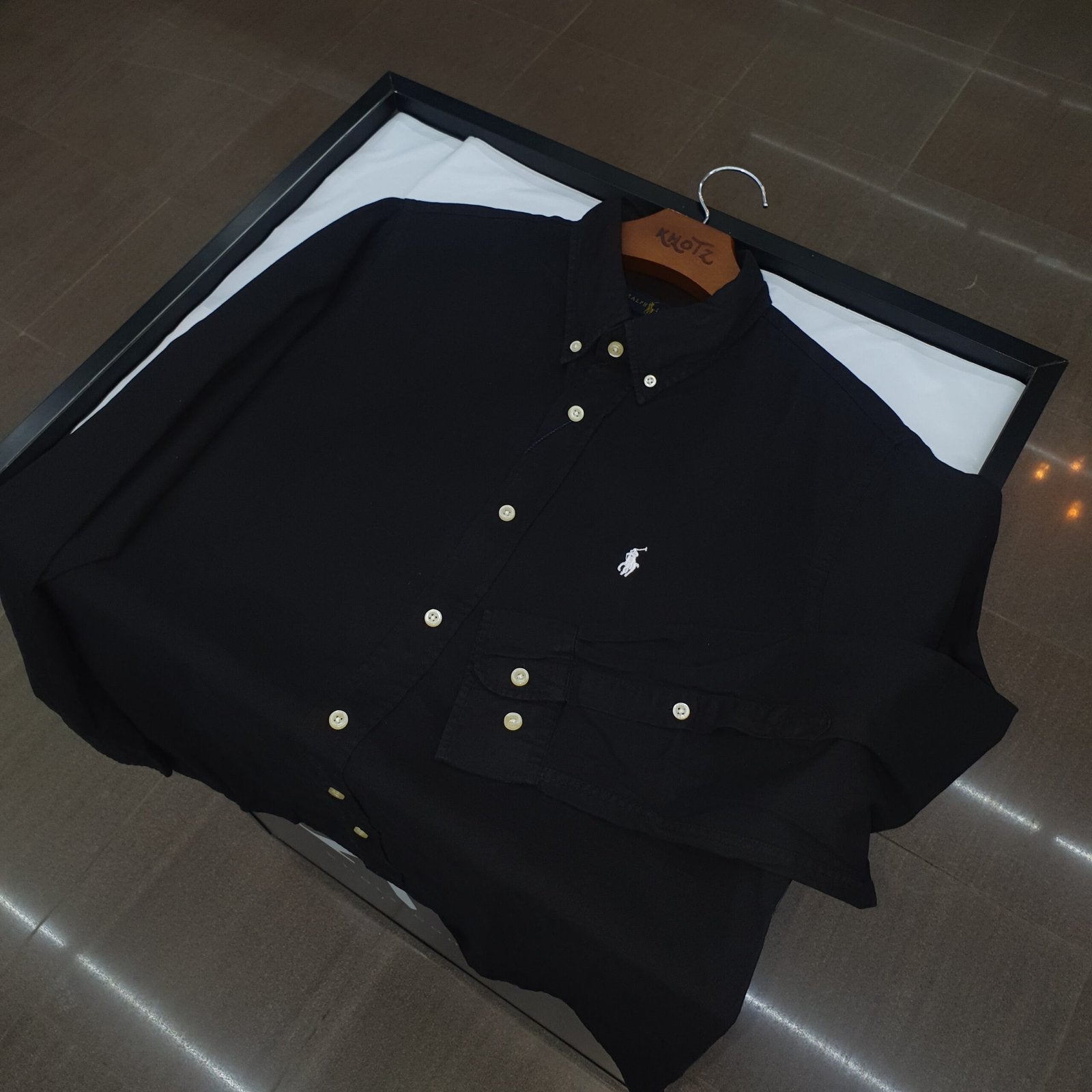 Camisa Ralph Lauren Masculina Oxford Sarjeada Preta Pony Branco