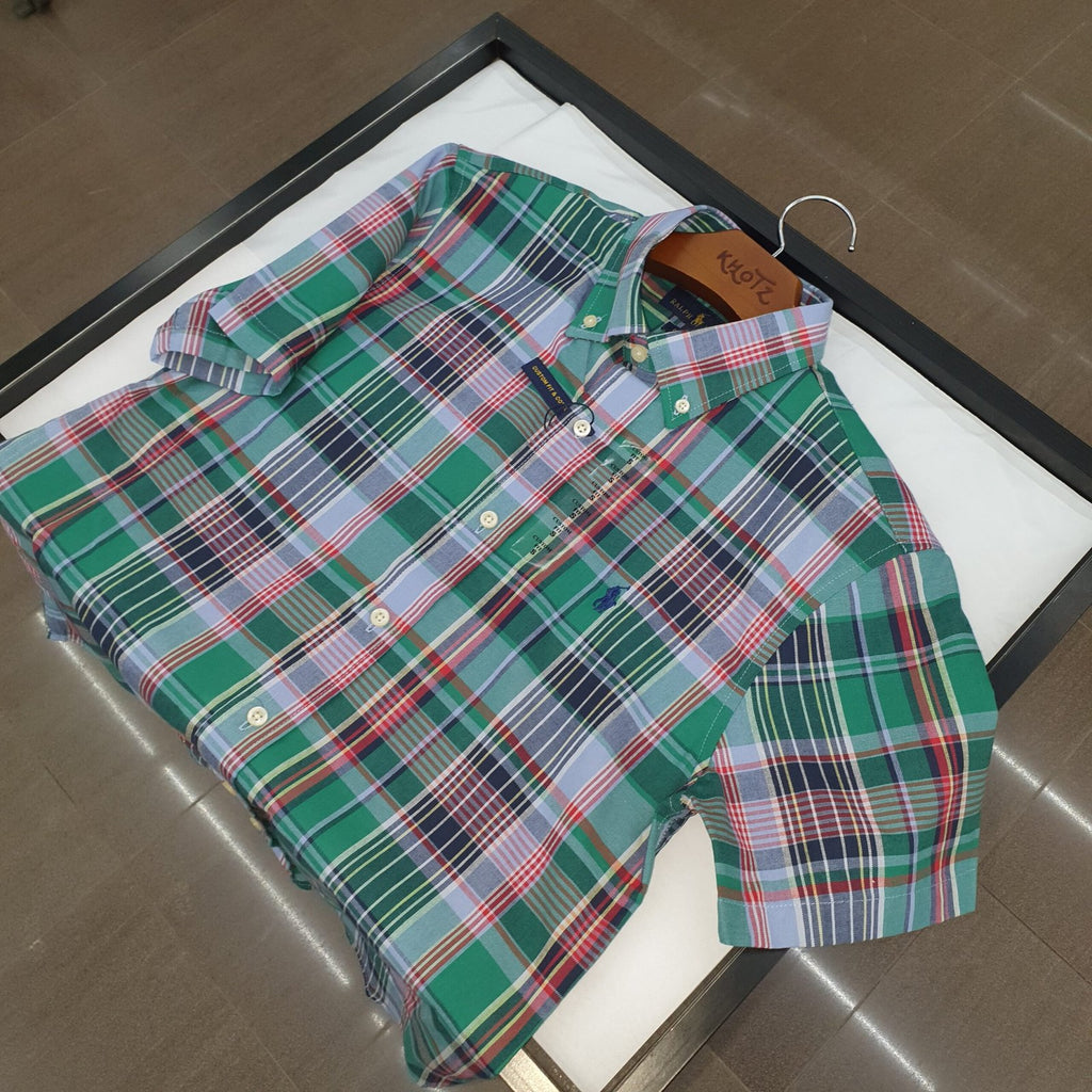Camisa Ralph Lauren Masculina Manga Curta Xadrez Verde Americano Pony Marinho